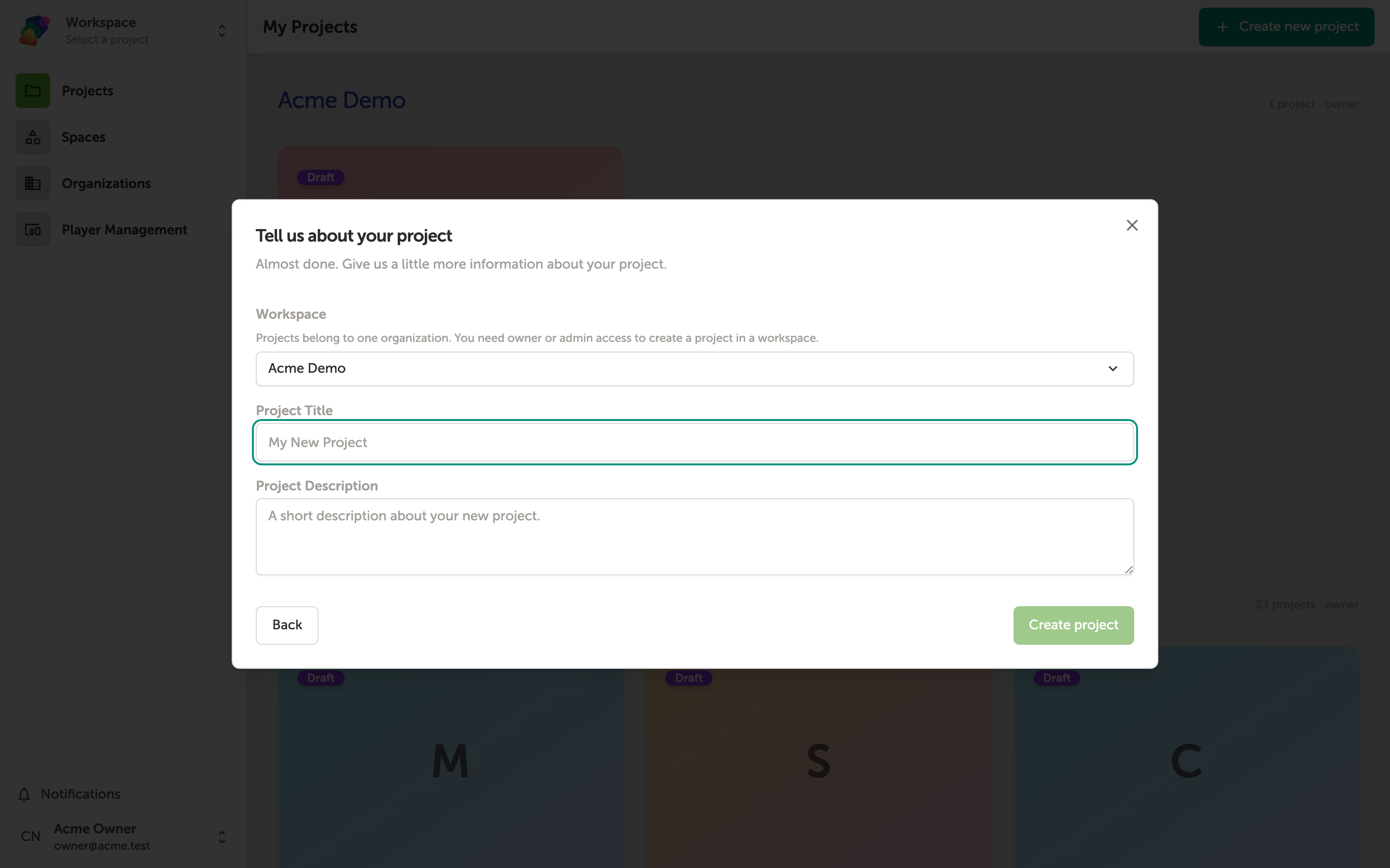 A dialog titled 'Tell us about your project' showing style preset options during the project creation wizard, with Back and Create project buttons at the bottom.