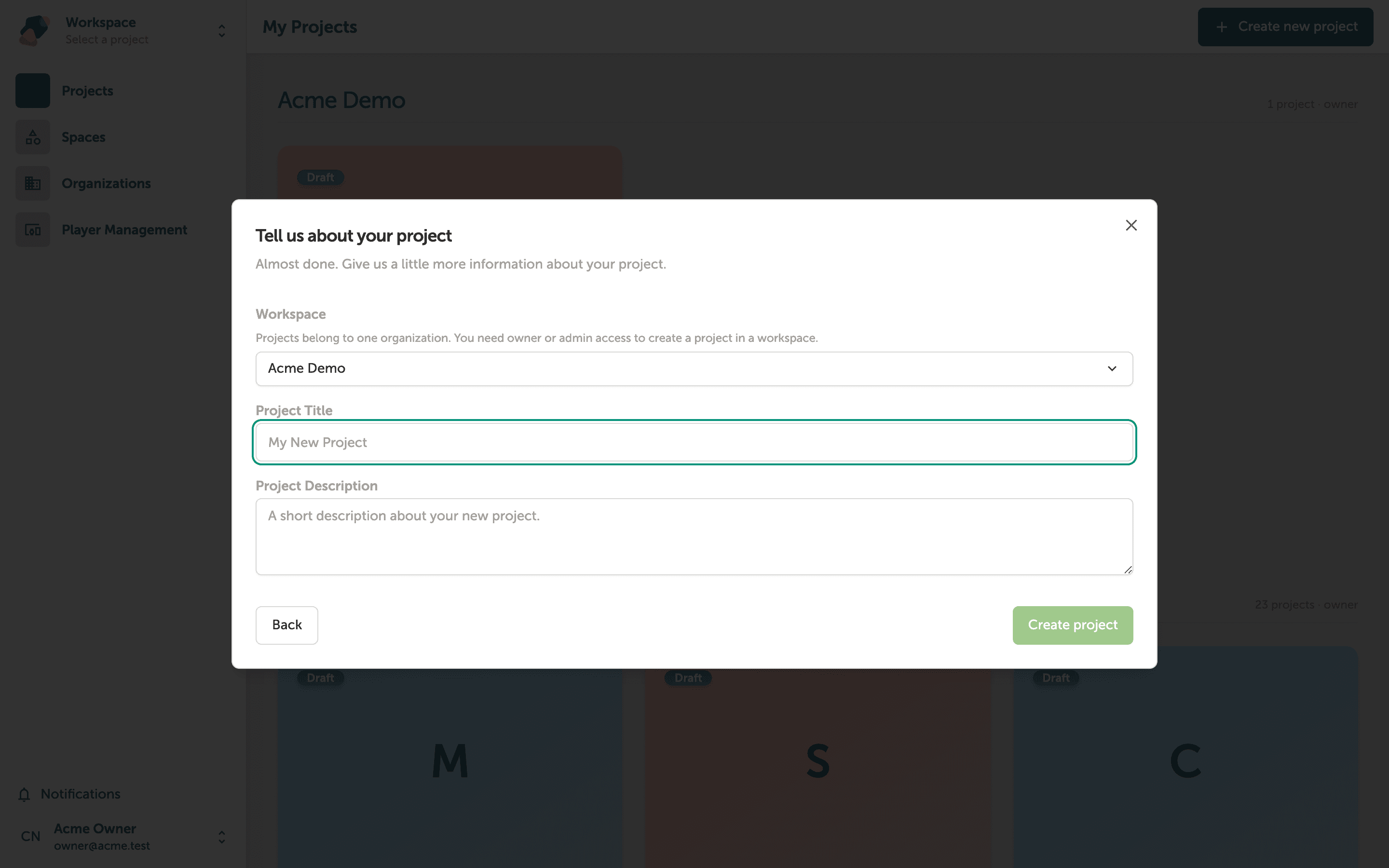 The 'Tell us about your project' dialog with the Project Title and Project Description fields filled in, and a 'Create project' button at the bottom.
