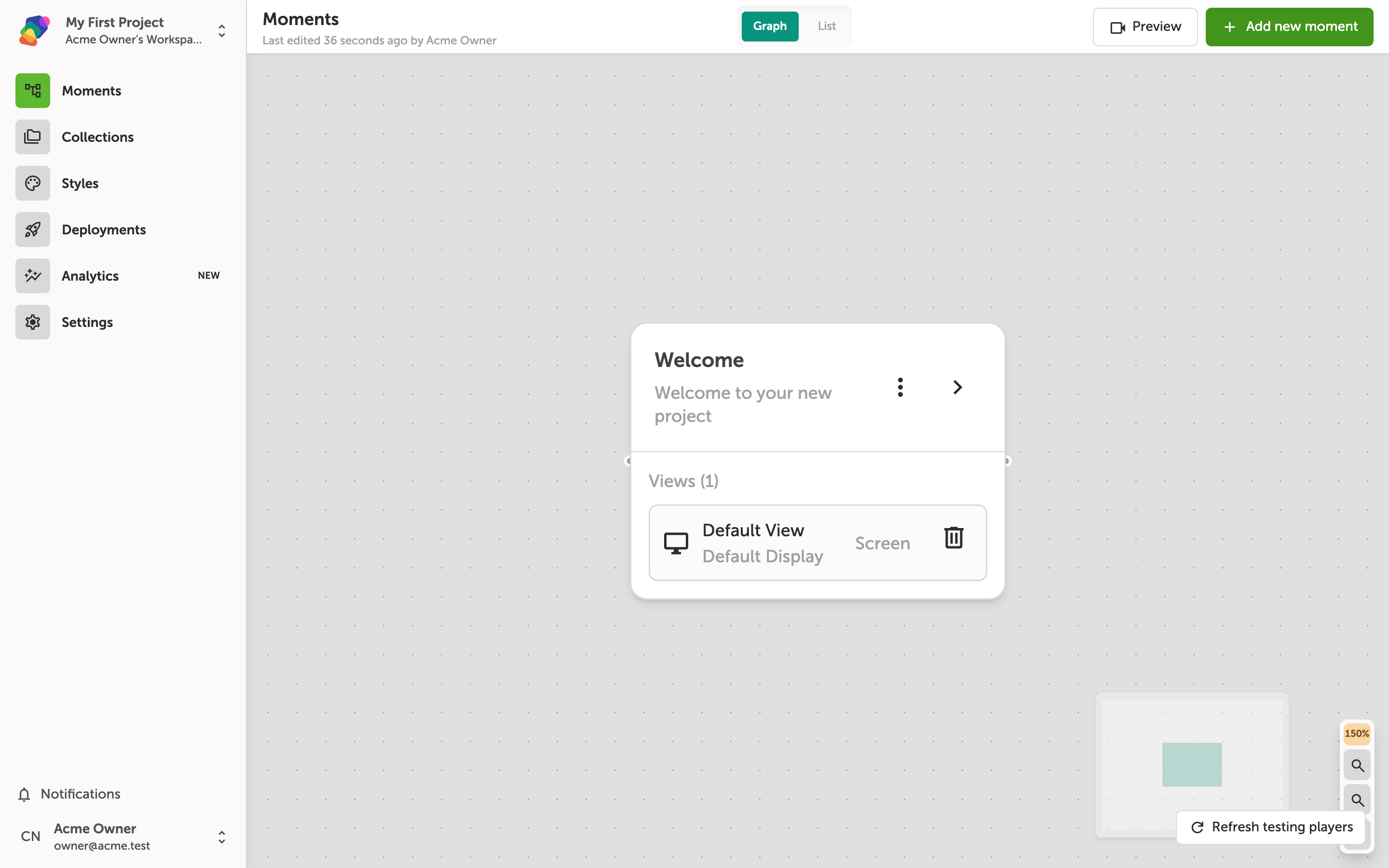 The Zibit project editor showing a newly created project called My First Project, with a welcome panel open and an Add new moment button visible in the moments view.