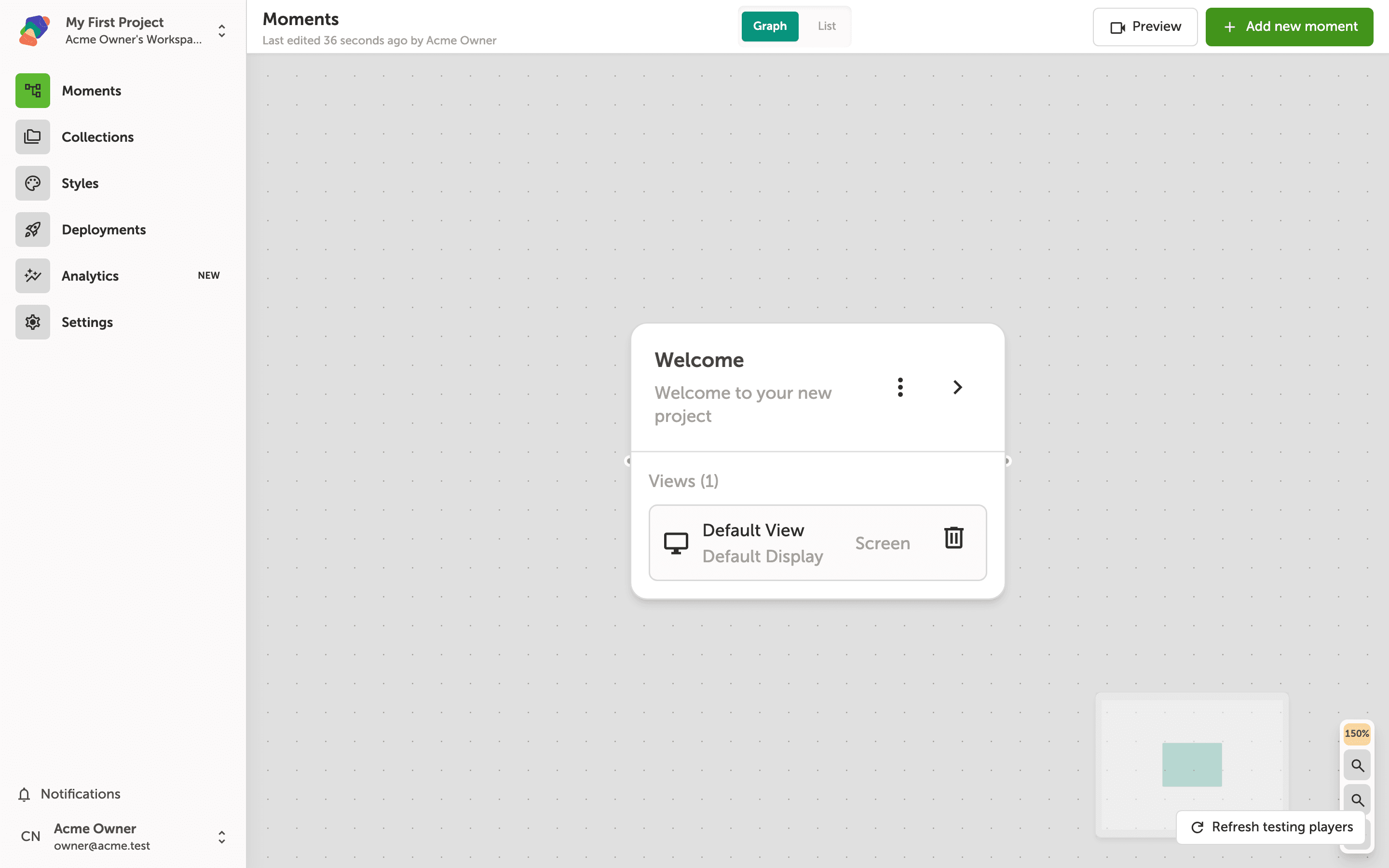 The Zibit project editor showing a newly created project called My First Project, with a welcome panel open and an Add new moment button visible in the moments view.