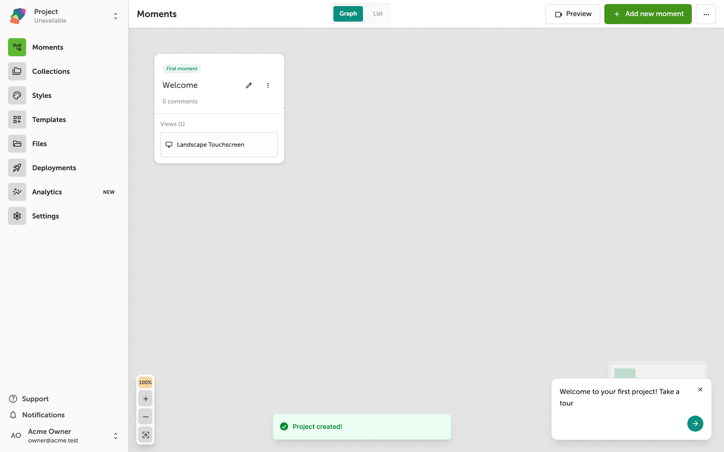 The Zibit project editor showing the Moments graph view with moment cards on the canvas.