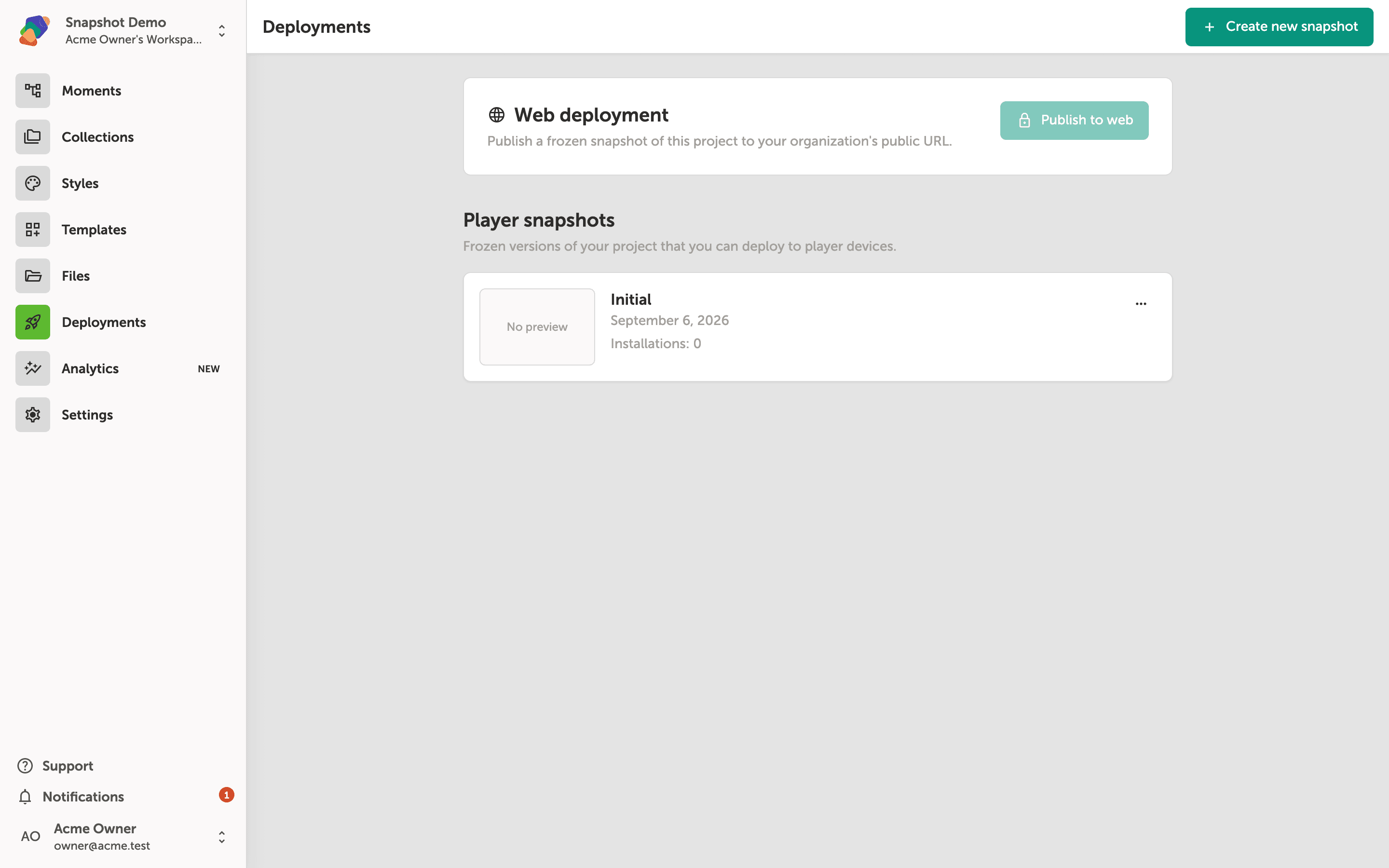 The Deployments page showing a Web deployment section with a Publish to web button, and a Player snapshots section listing one snapshot named Initial dated August 14, 2026 with zero installations.