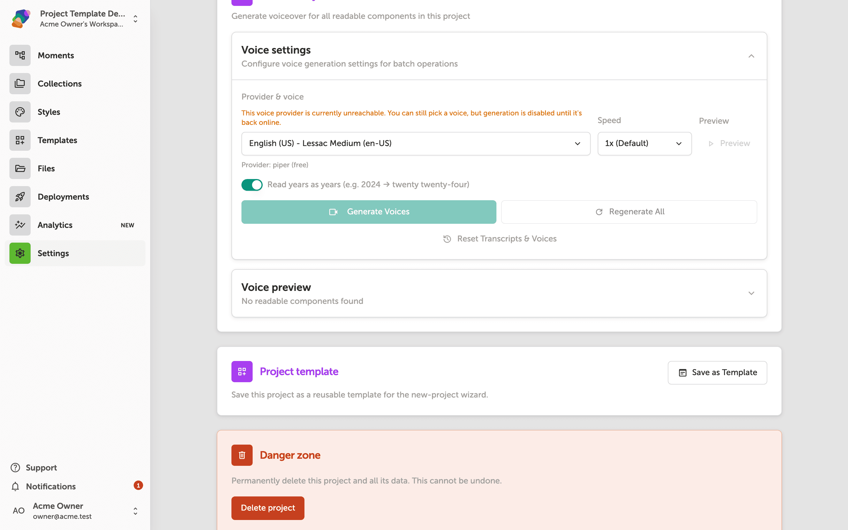 The project settings panel scrolled to the Save as Template section, showing a description of what project templates include and a Save as Template button