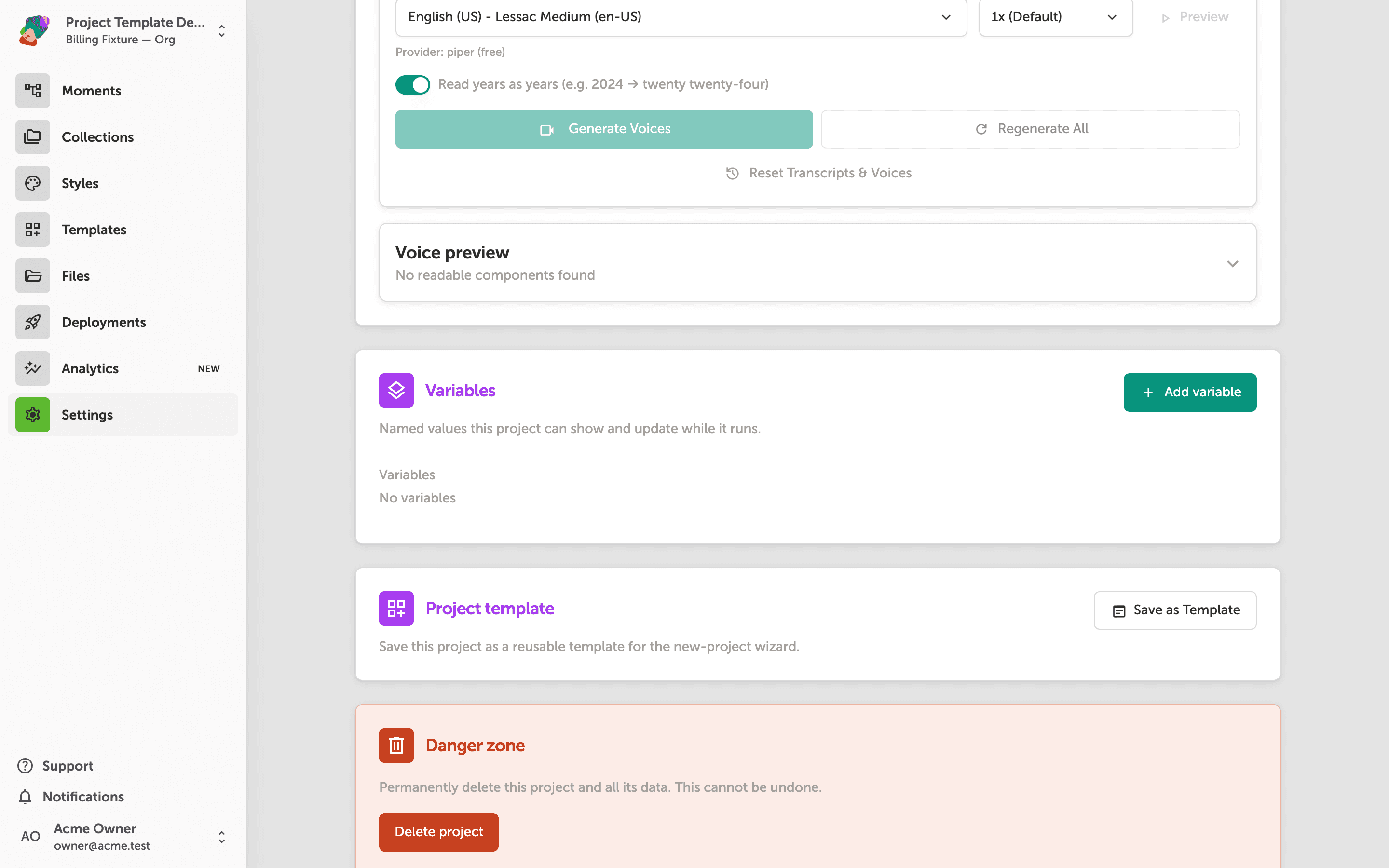 The project settings panel scrolled to the Save as Template section, showing a description of what project templates include and a Save as Template button