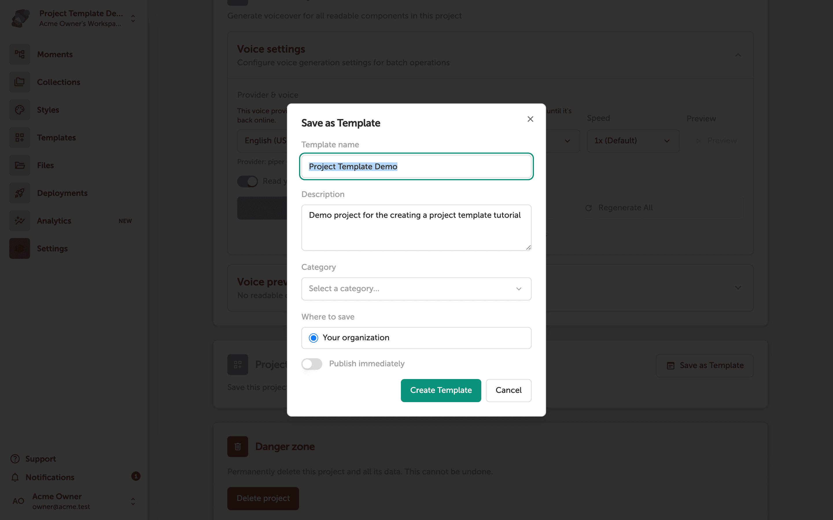 The Save as Template dialog showing fields for Name, Description, Context, and Scope, with a Create Template button at the bottom