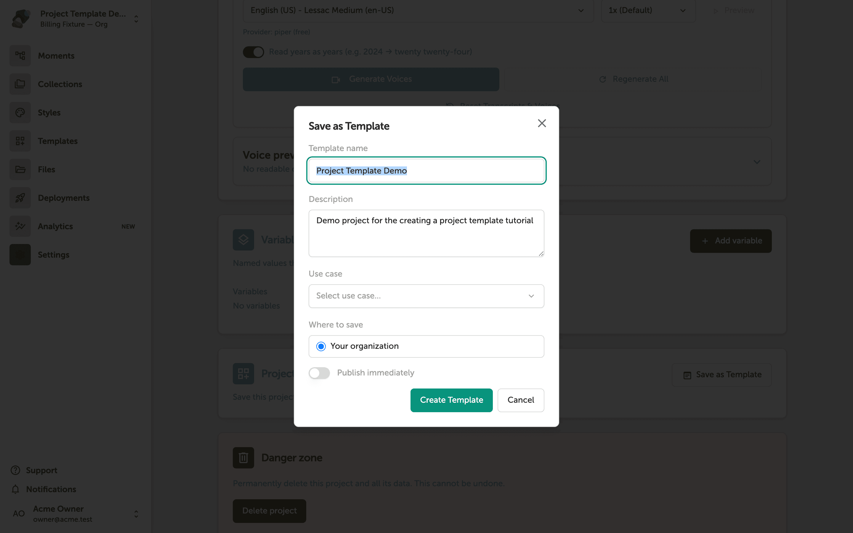 The Save as Template dialog showing fields for Name, Description, Context, and Scope, with a Create Template button at the bottom