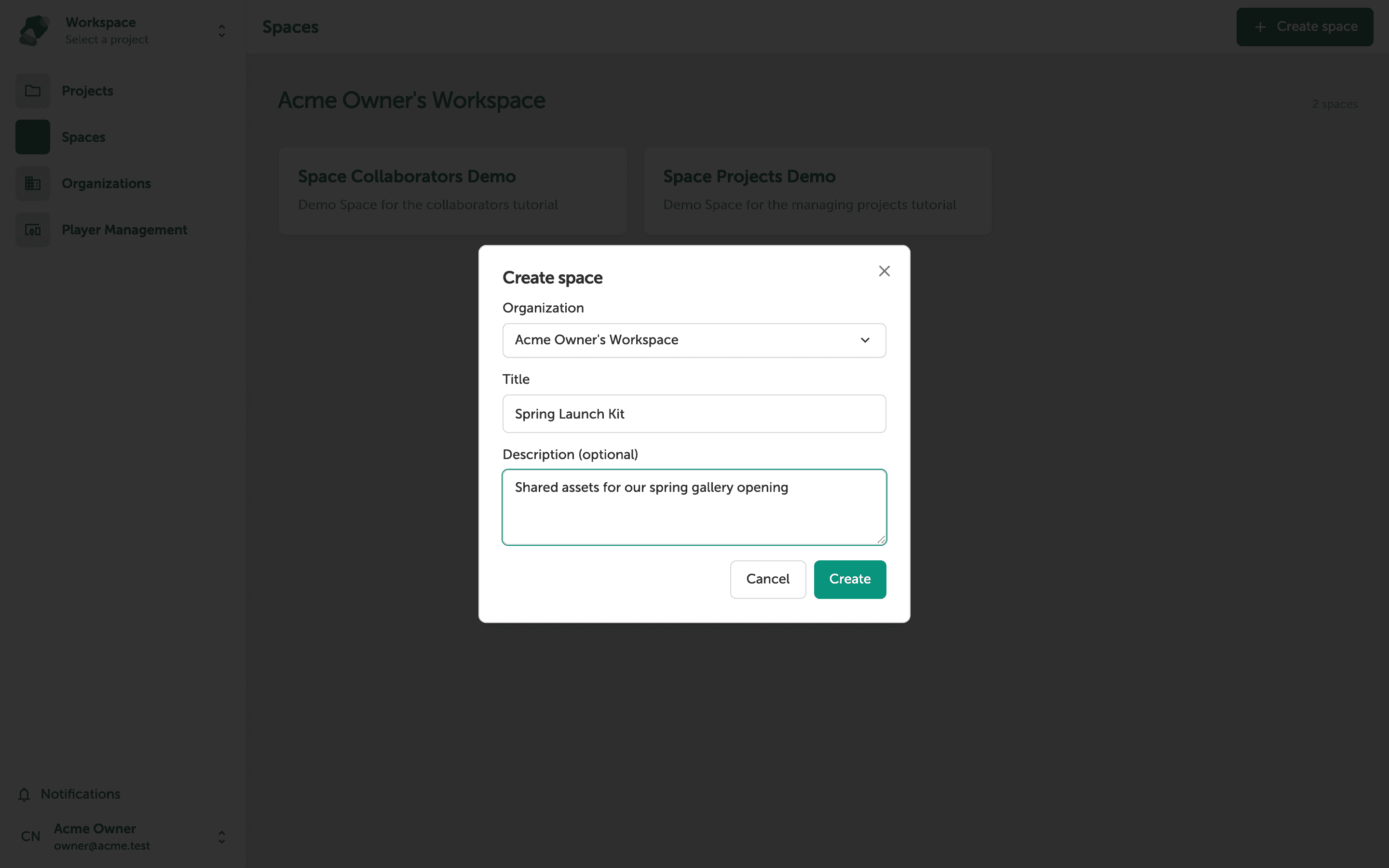 The 'Create exhibit' dialog box with fields for Organization, Title, and an optional Description, along with Cancel and Create buttons