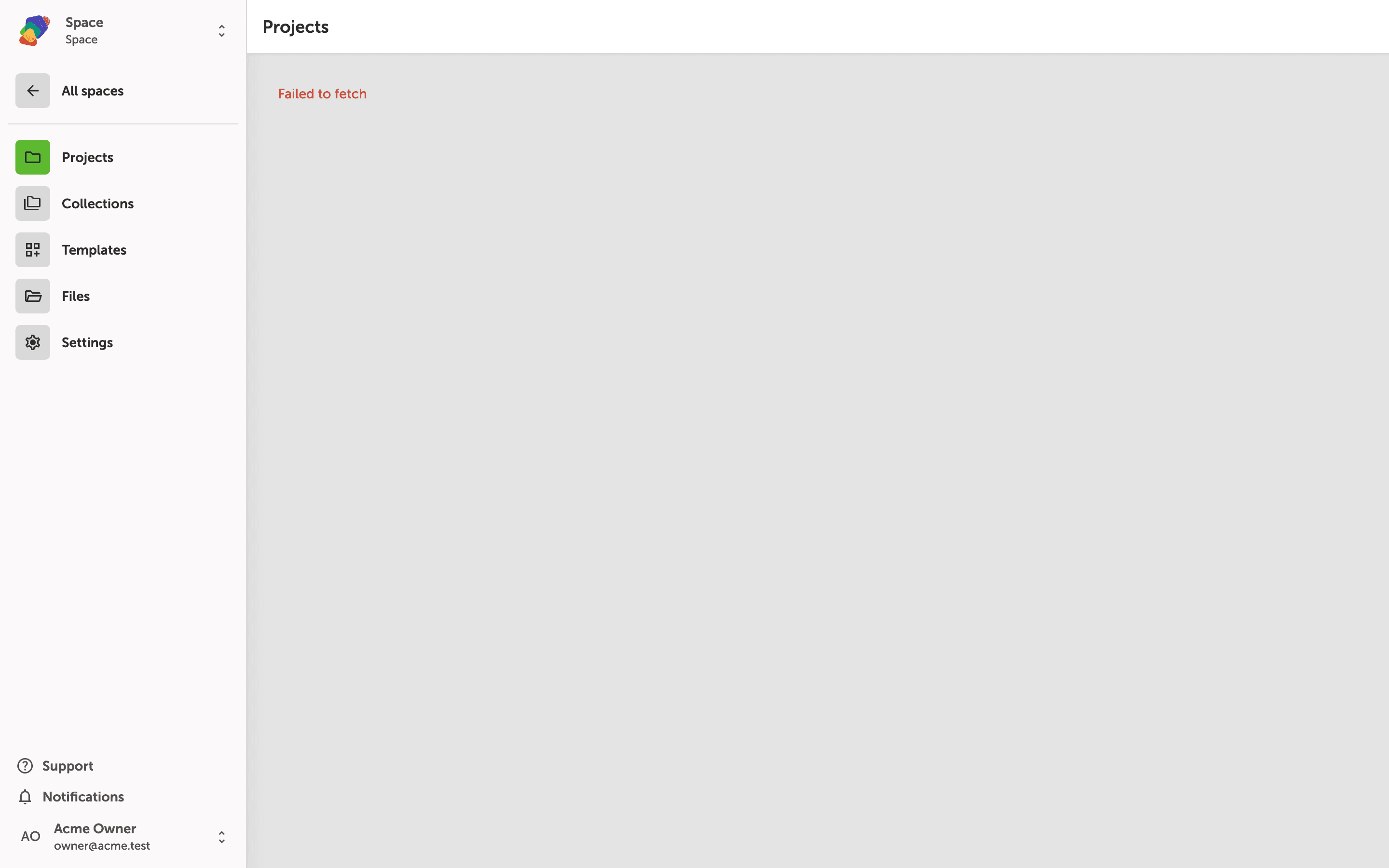 The Projects tab of the newly created Spring Launch Kit Space, showing an empty state with a dashed green border, the message 'No projects in this space yet', and two buttons: Create new project and Add existing project