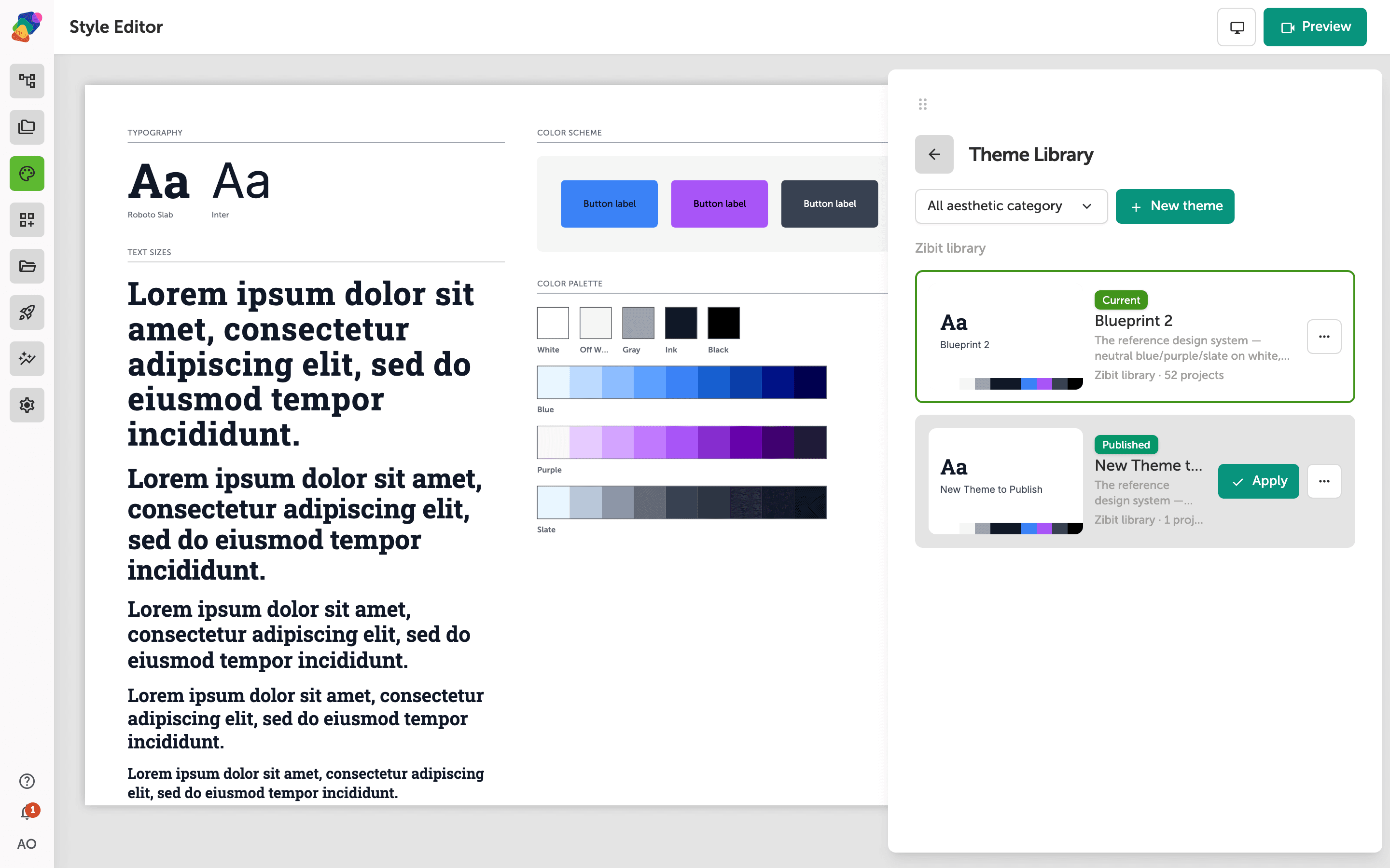 The Theme Library drawer showing a list of existing themes and a New theme button.