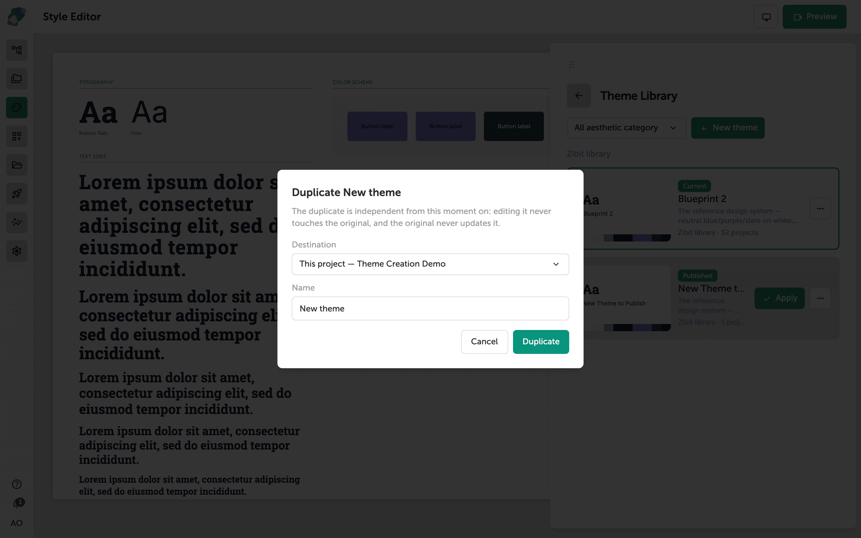 The new theme dialog with a name field and a destination scope selector offering project, organization, and library options.