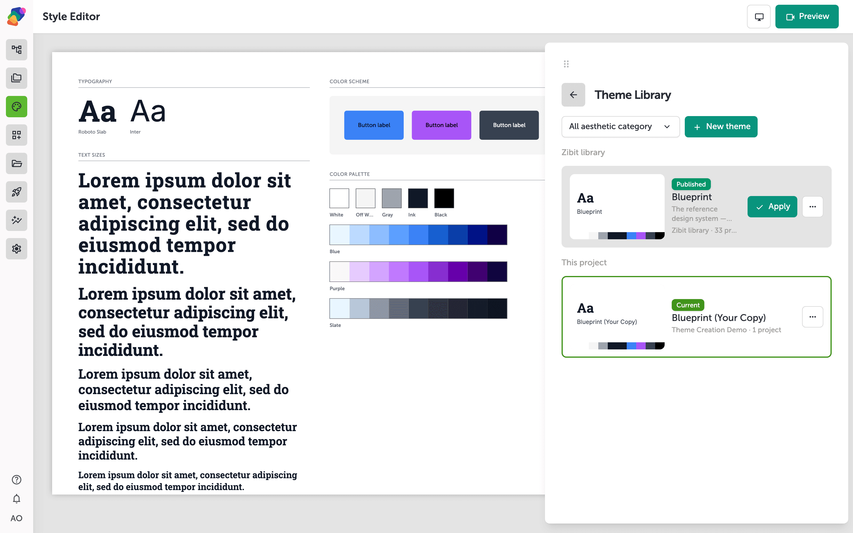 The Colors panel in the Style Editor showing editable swatches for the theme's color palette.