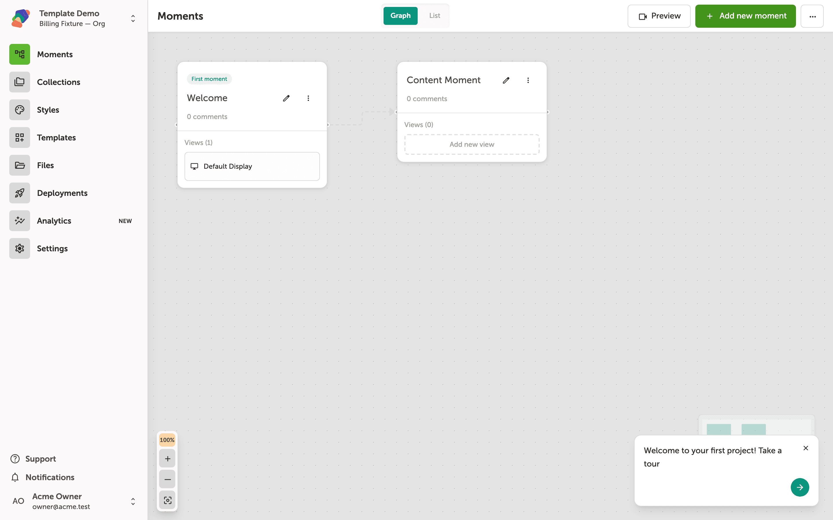 The Zibit moments graph for a project called Template Demo, showing two moment nodes labeled Welcome and Content Moment connected by a flow edge, with an Add new view button on Content Moment