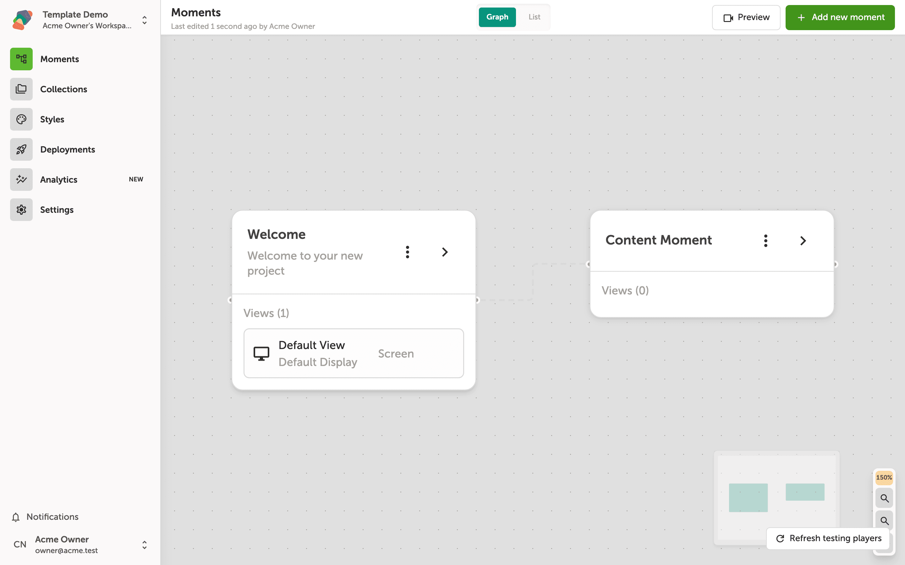 The Zibit moments graph for a project called Template Demo, showing two moment nodes labeled Welcome and Content Moment connected by a flow edge, with a More options button visible on a moment node