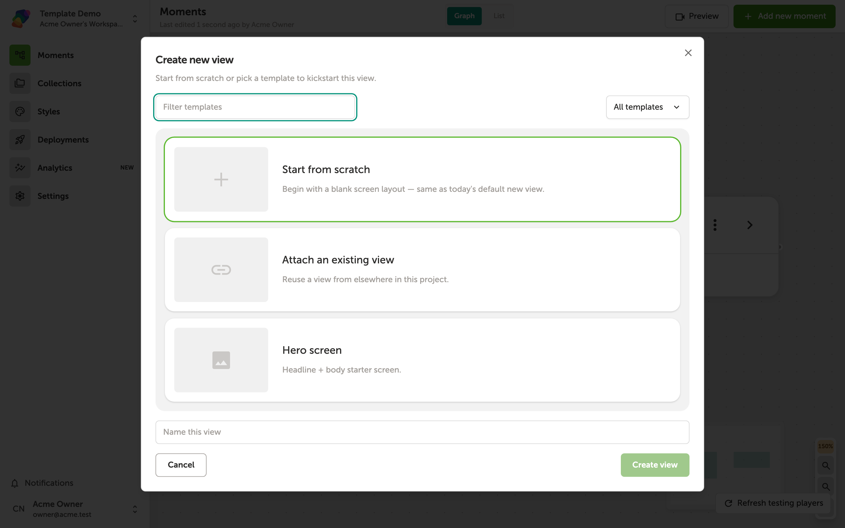 The Create new view modal is open over the project canvas, showing template options including a Hero screen layout and a Choose a starting point prompt