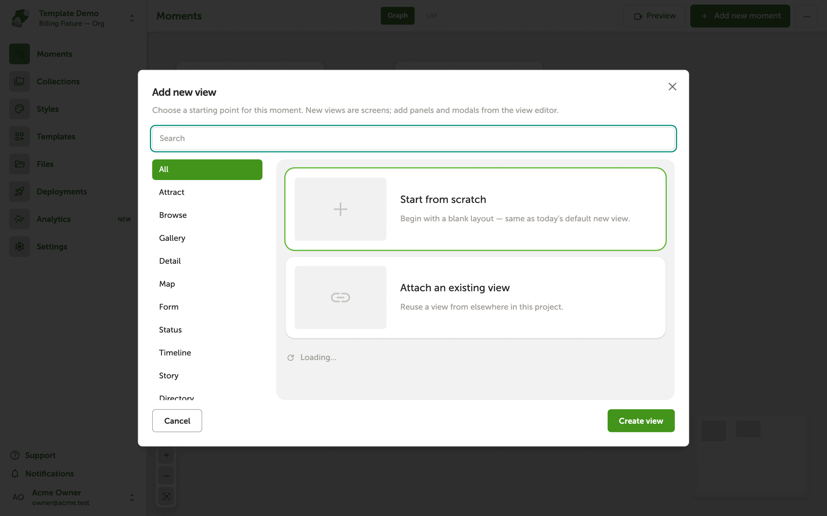 The Add new view modal is open over the project canvas, showing starting kit options including Full-bleed hero and a Start from scratch option