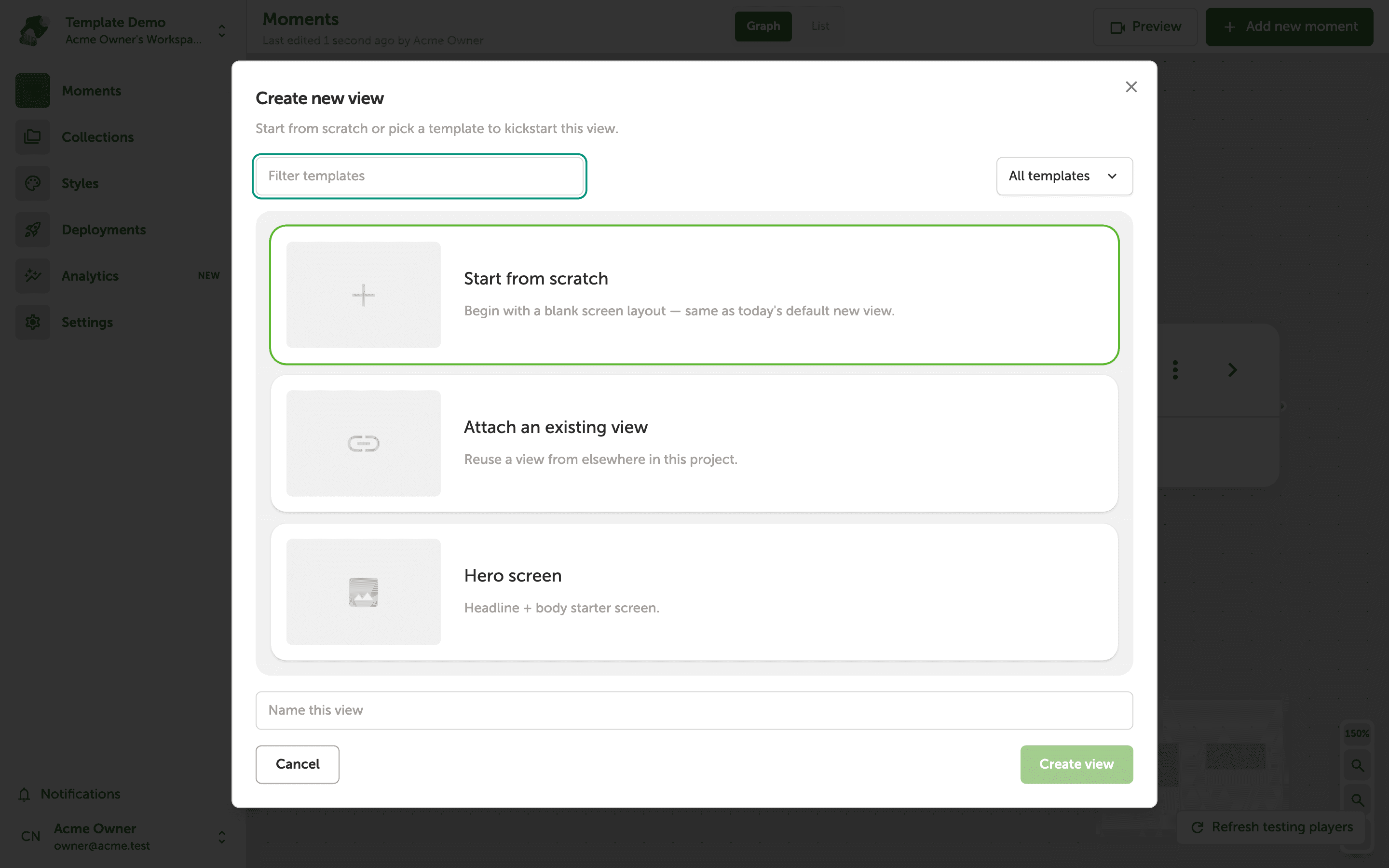 The Create new view modal is open over the project canvas, showing template options including a Hero screen layout and a Choose a starting point prompt