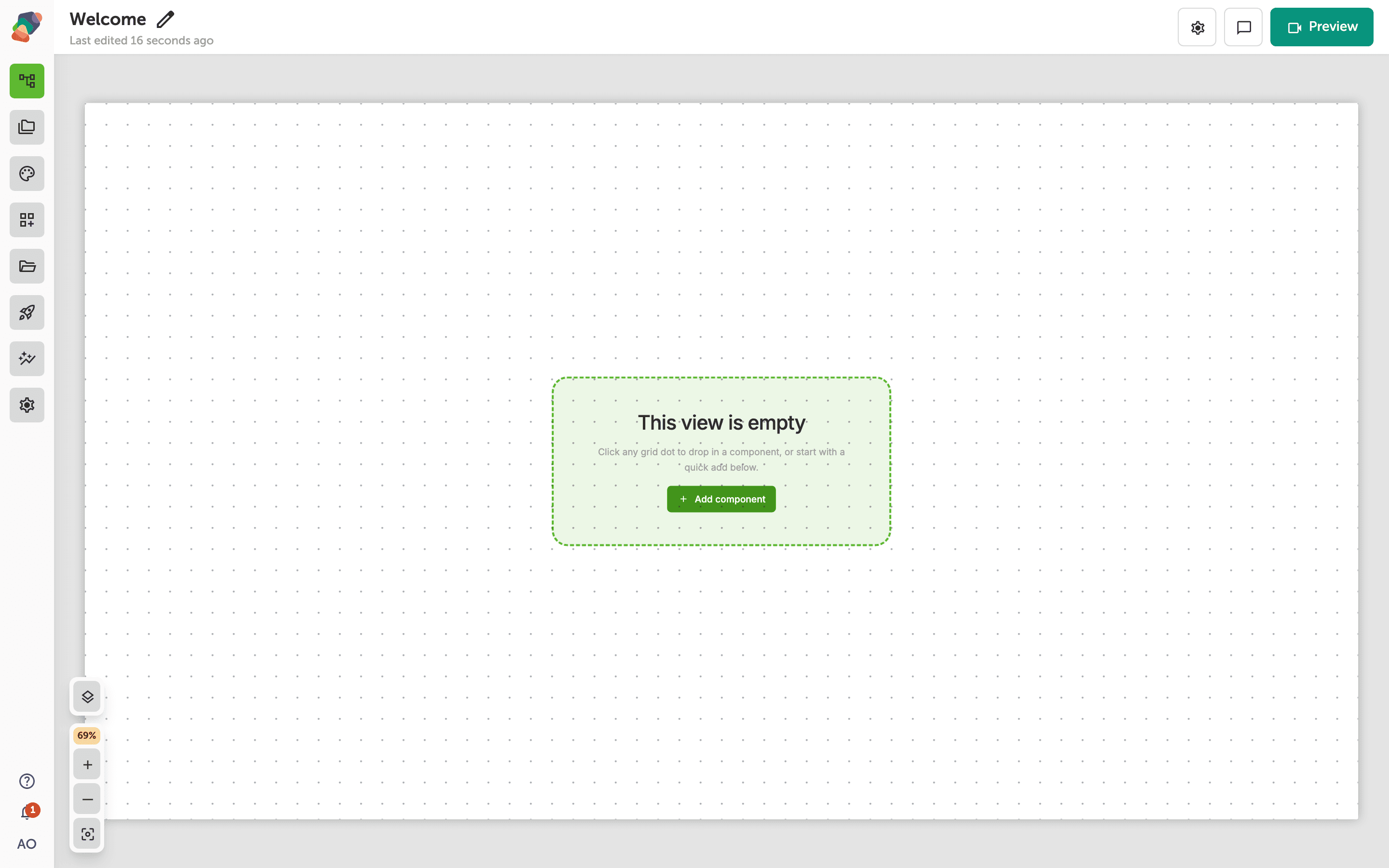 The Zibit view editor showing a canvas grid with the header gear (View settings) in the top-right