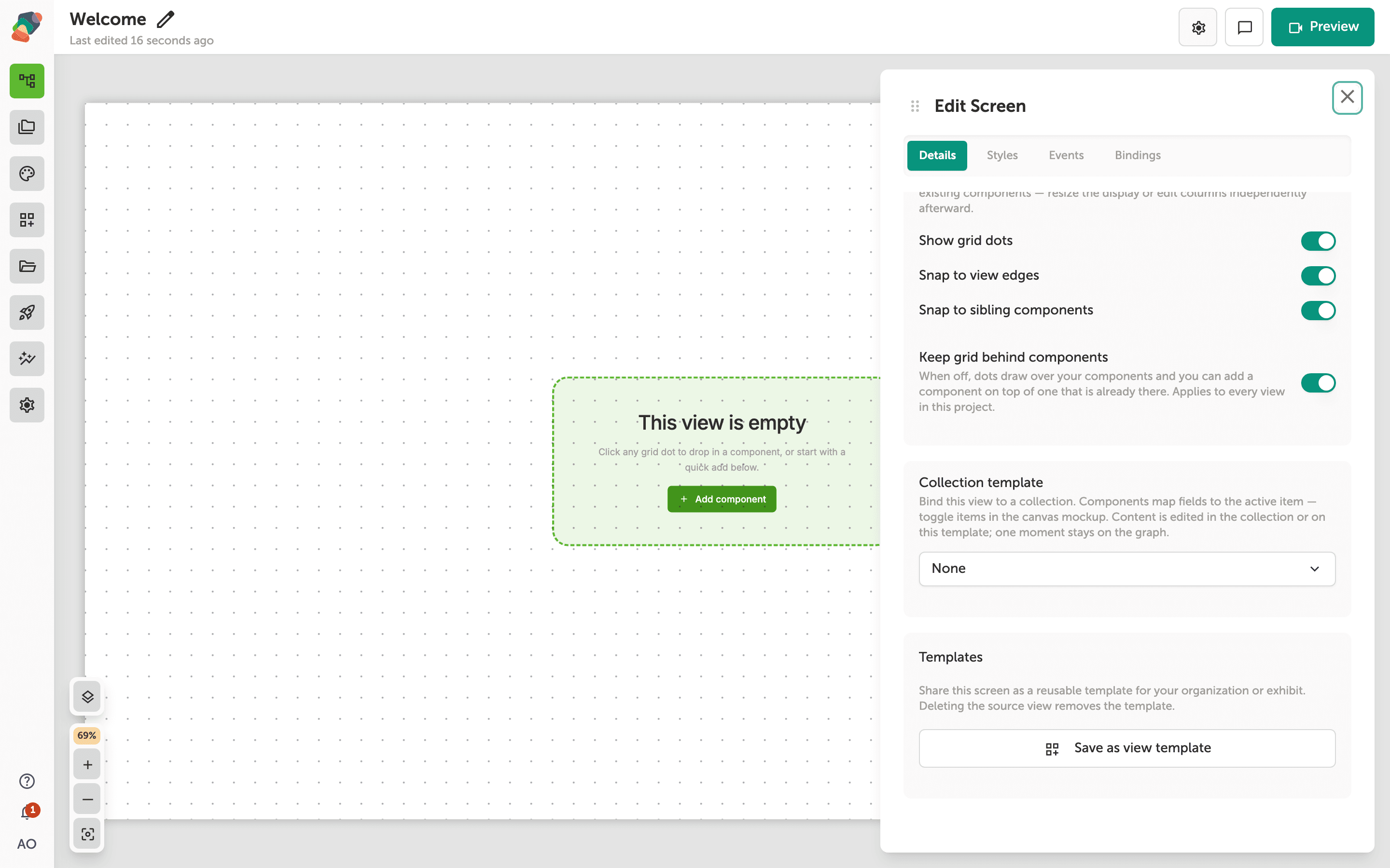 View settings panel open from the header gear, showing the Save as view template button in the Templates section