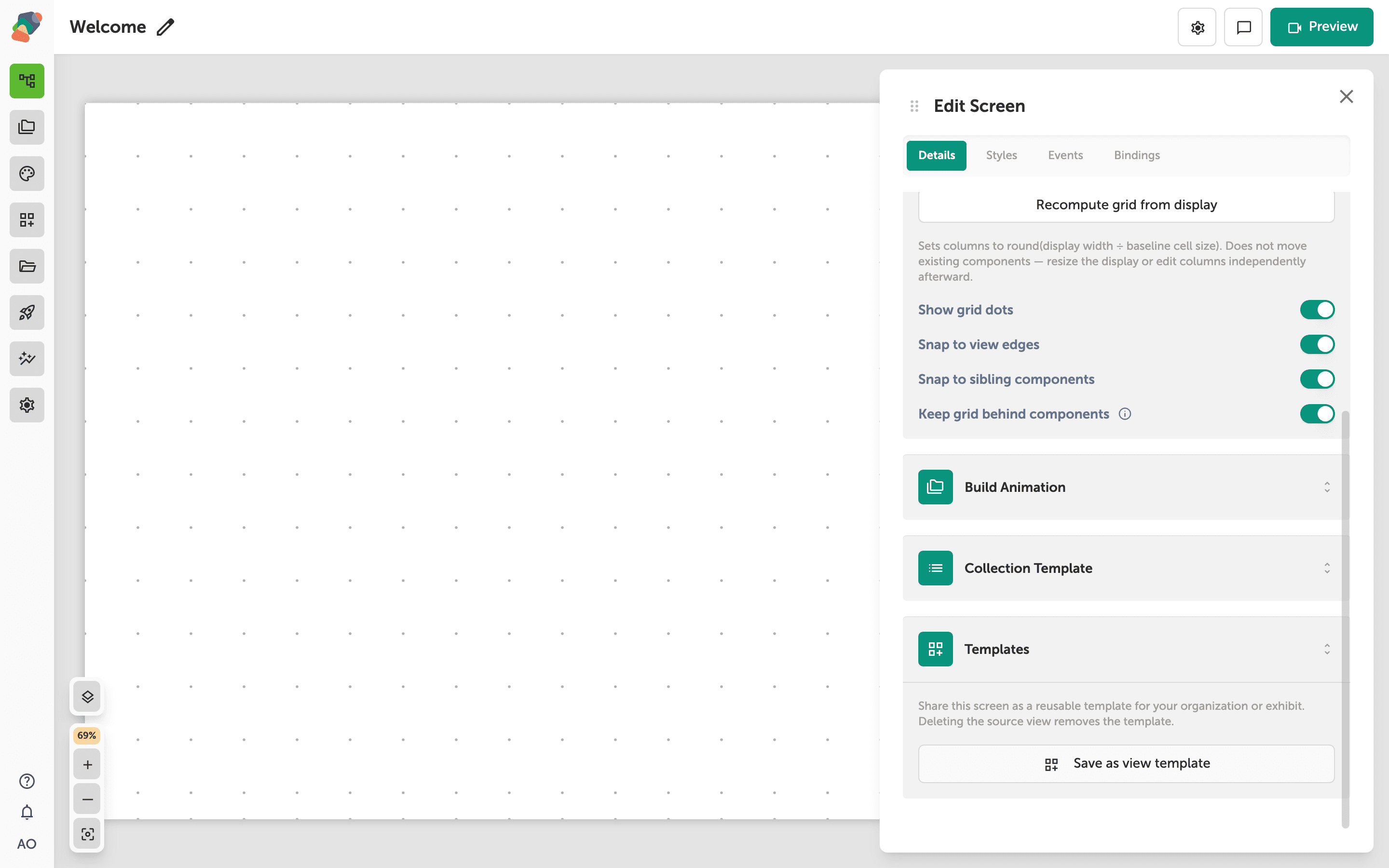 View settings panel open from the header gear, showing the Save as view template button in the Templates section