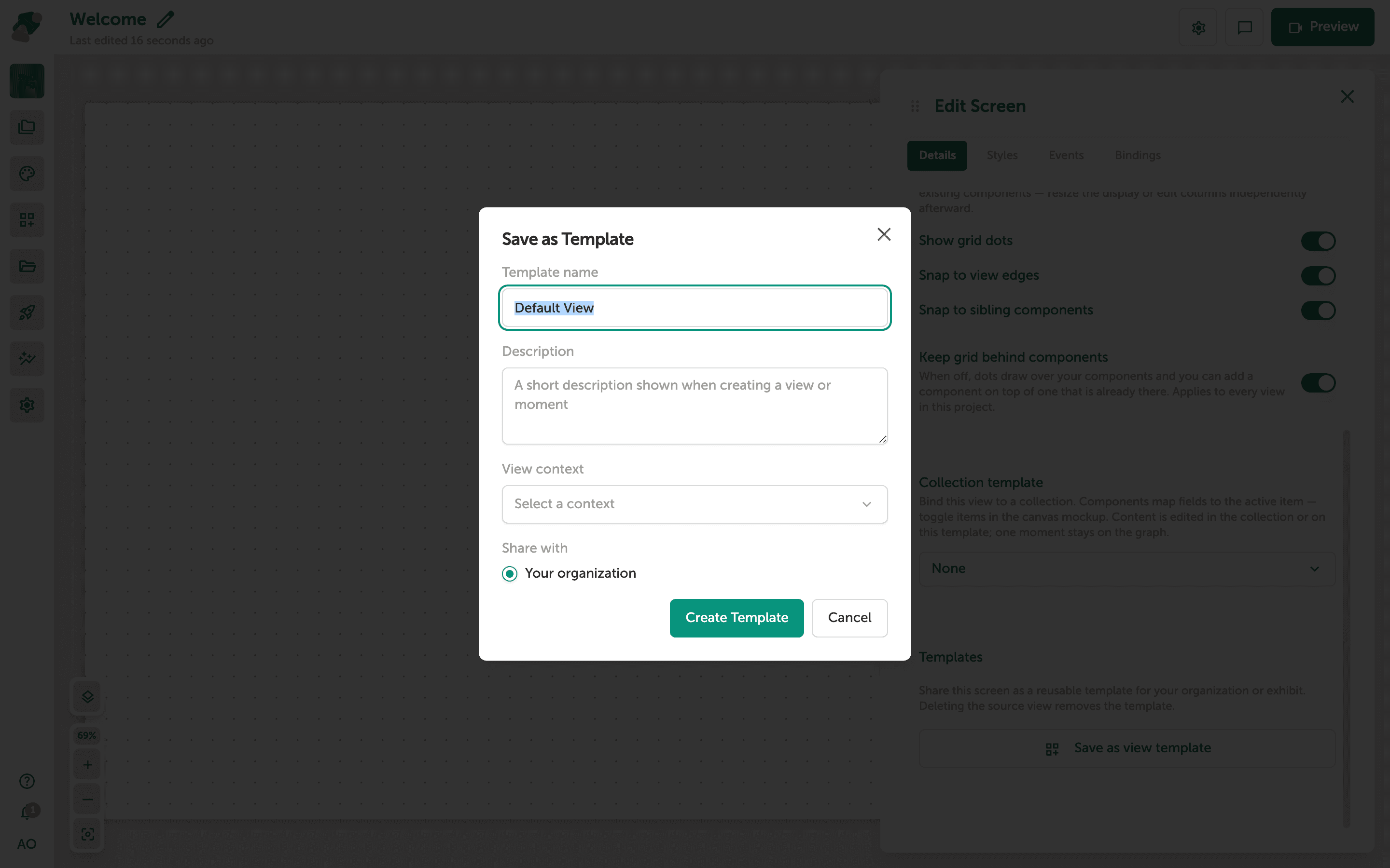 The Save as Template dialog with name, description, and scope fields