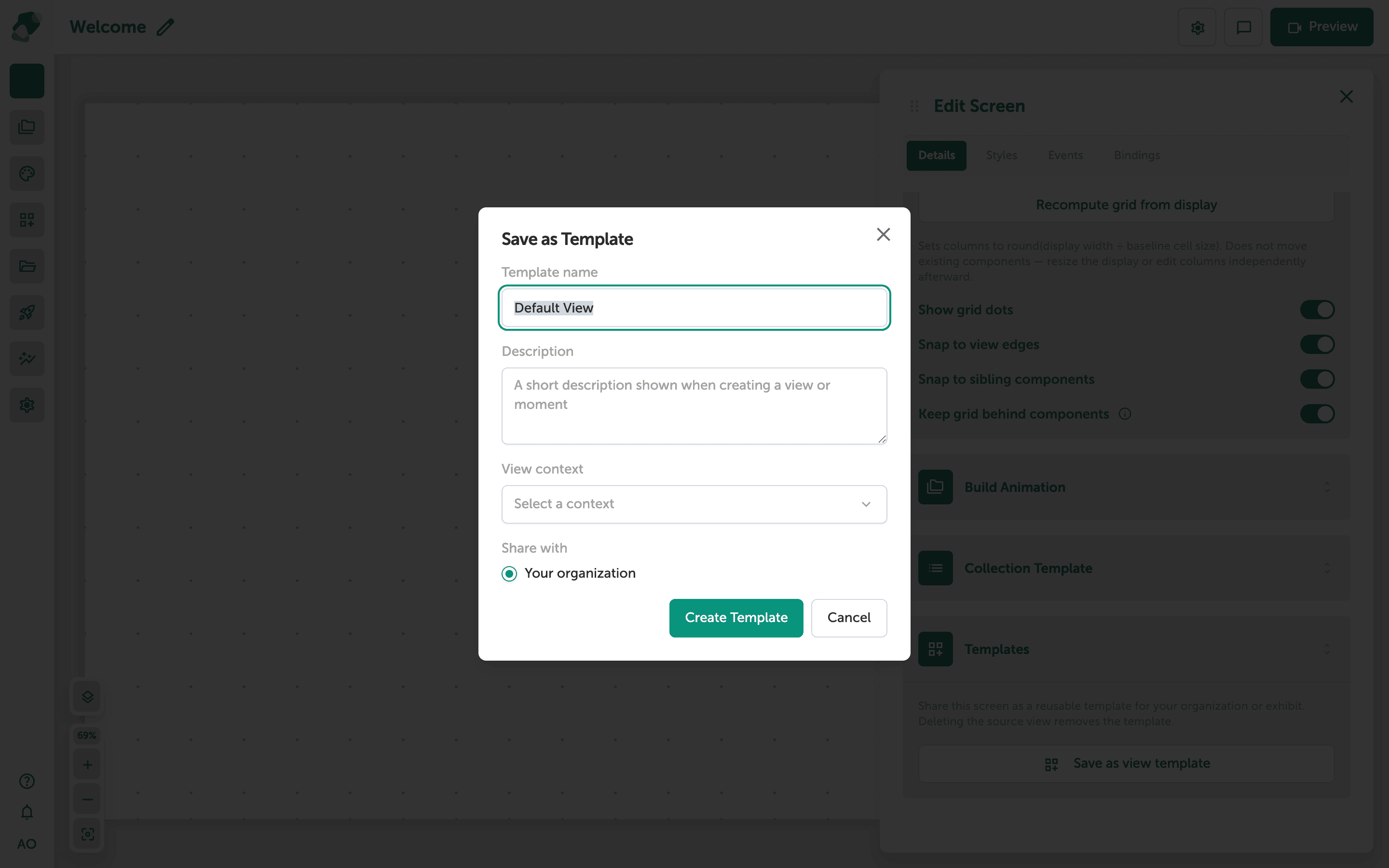 The Save as Template dialog with name, description, and scope fields