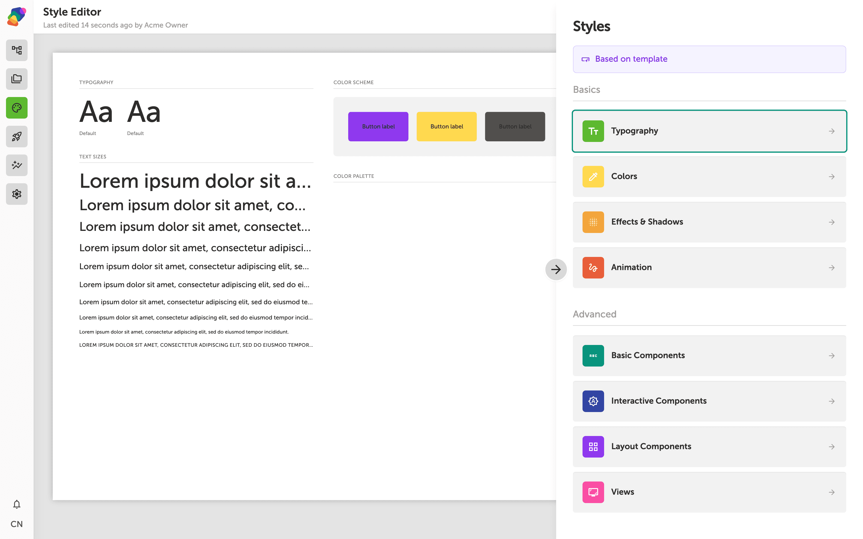 The Zibit Style Editor interface showing a sidebar with collapsible style panels on the left and a live preview of the project on the right, including typography, color swatches, and component examples.