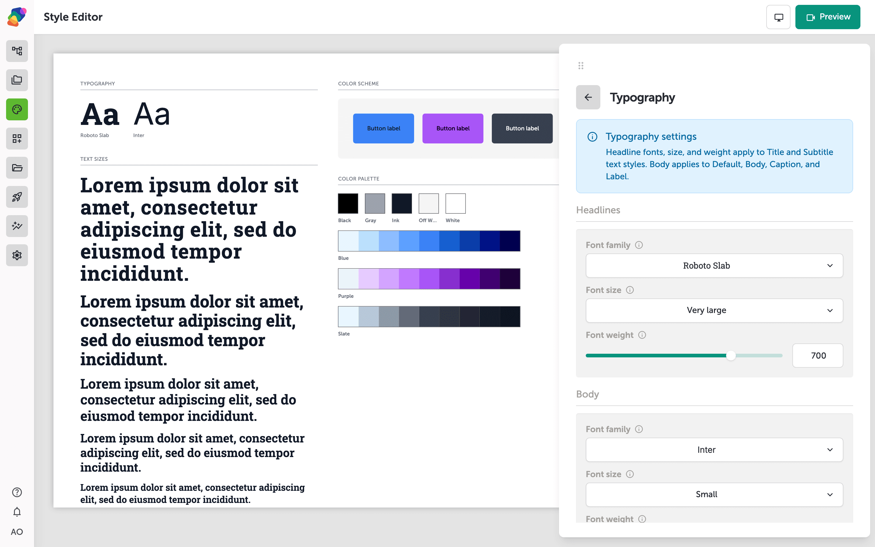 The Typography panel showing headline and body font family, size, and weight controls next to the live style preview