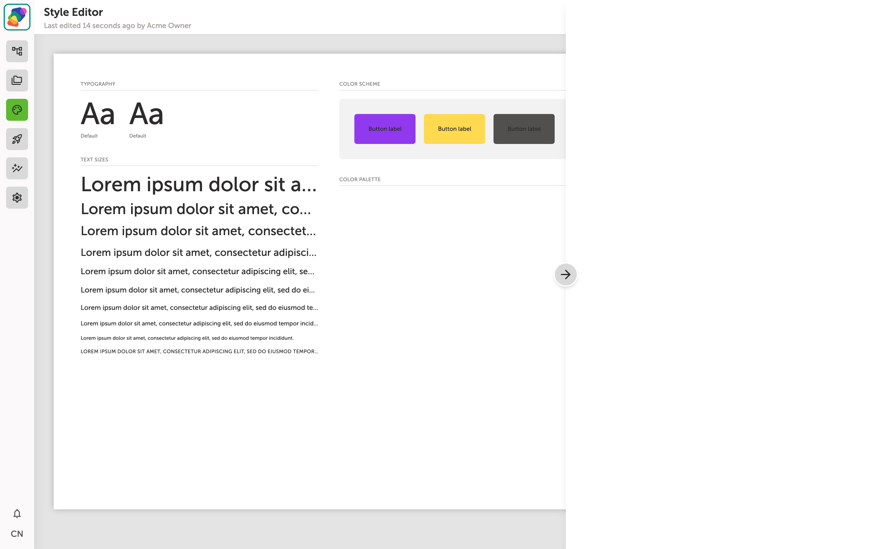 Full-width live preview in the Style Editor showing typography applied across multiple text and interactive components, with the style panel collapsed