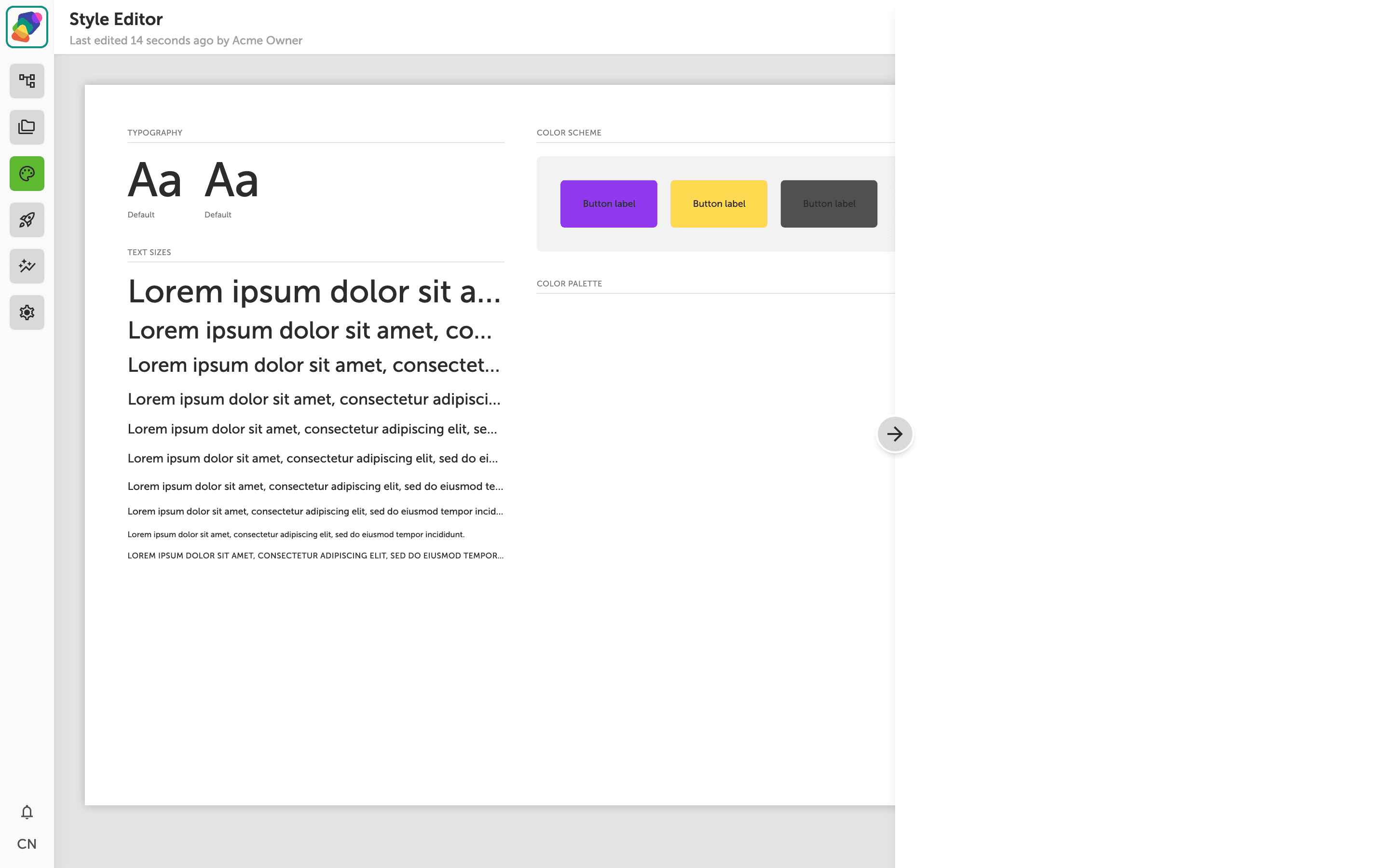 Full-width live preview in the Style Editor showing typography applied across multiple text and interactive components, with the style panel collapsed
