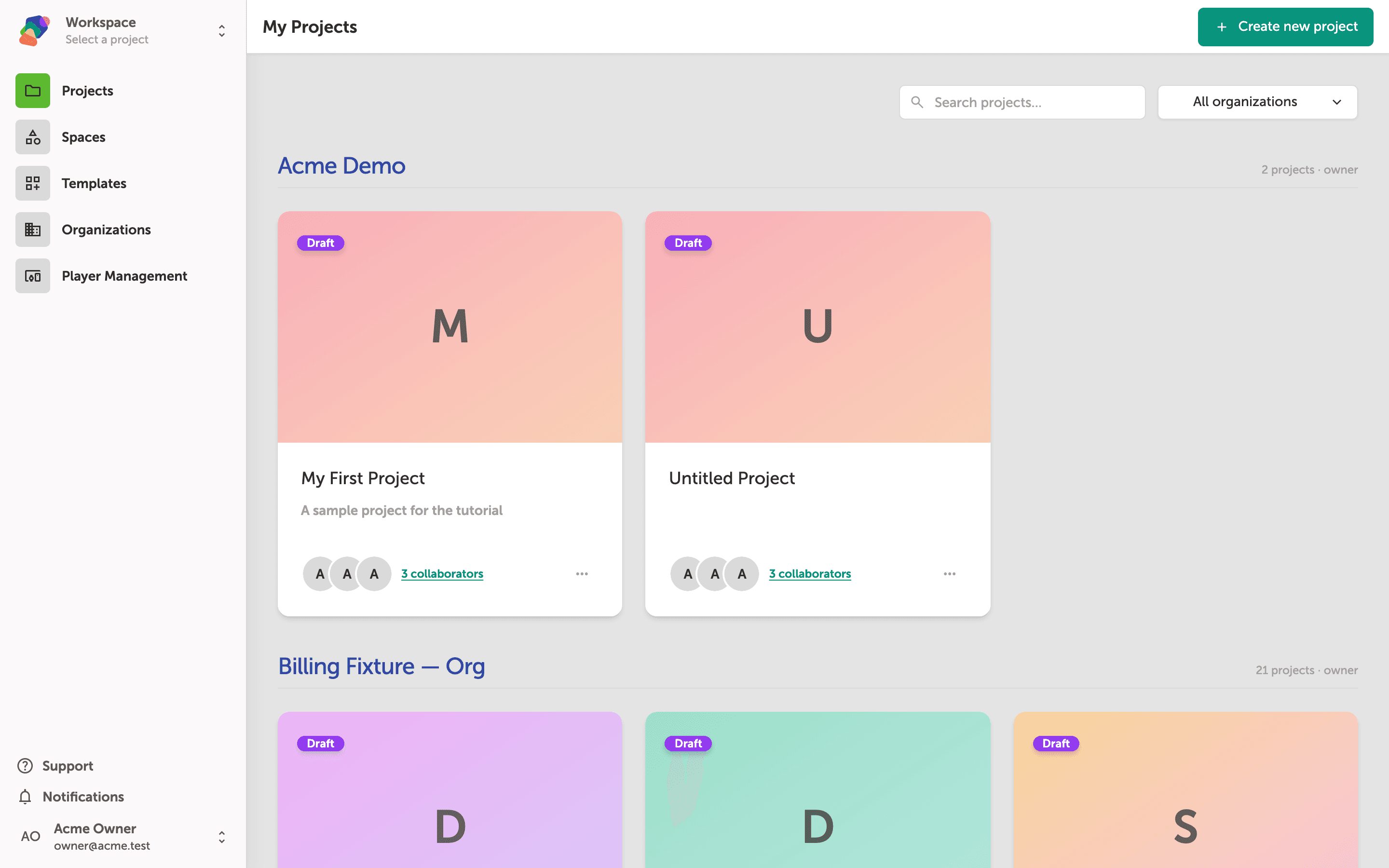 The My Projects dashboard showing project cards grouped under Acme Demo and Acme Owner's Workspace spaces, each card displaying a Draft badge and a three-dot actions button