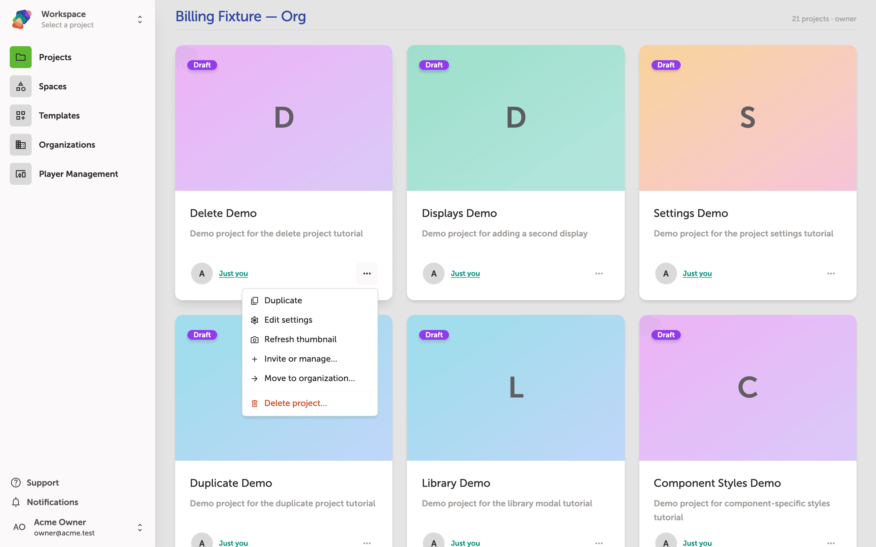A project card actions menu is open over the Delete Demo card, showing six options: Duplicate, Edit settings, Refresh thumbnail, Invite or manage, Move to organization, and Delete project in red