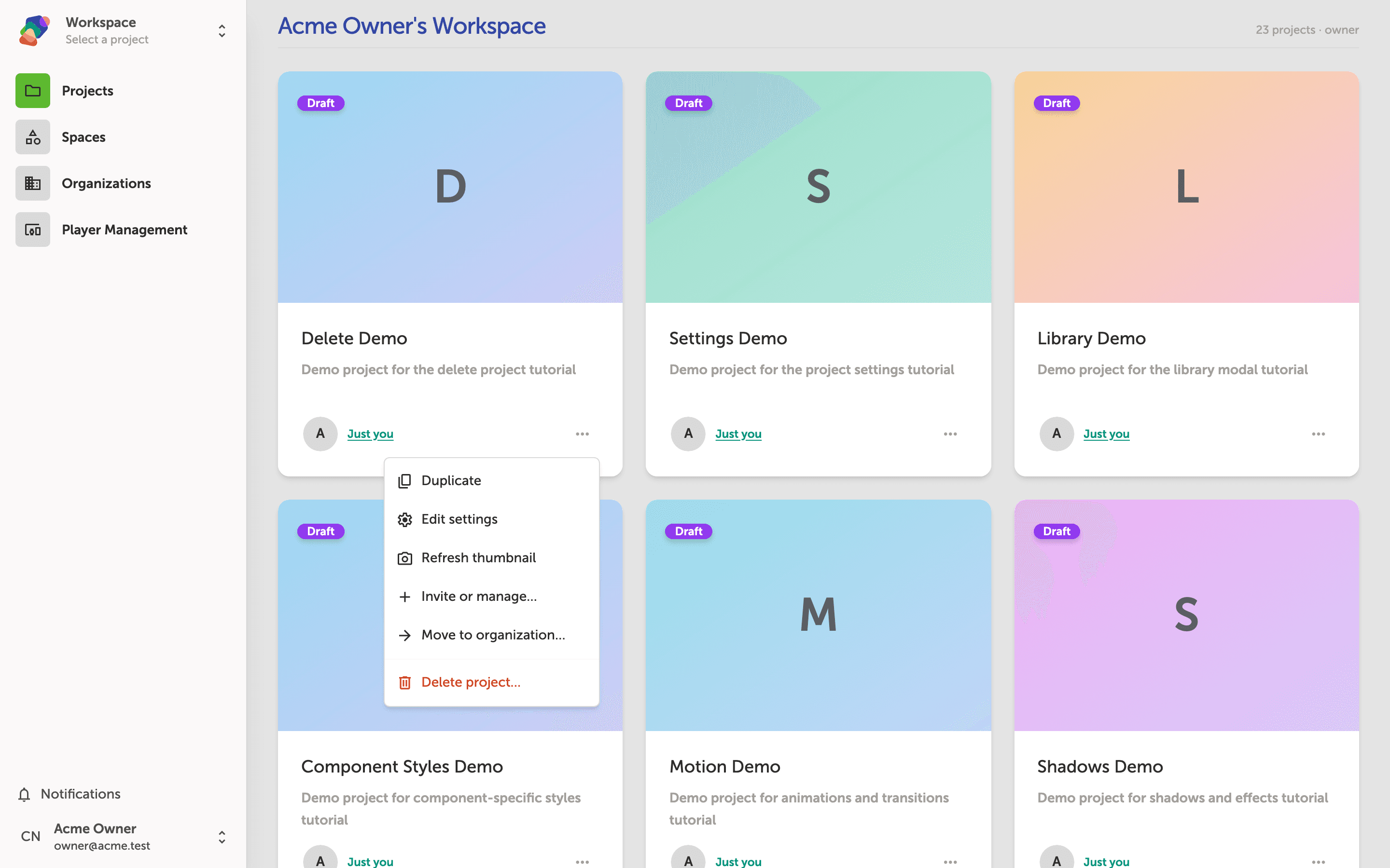 The My Projects dashboard showing a grid of project cards, each with a three-dot overflow menu button for project actions including the delete option