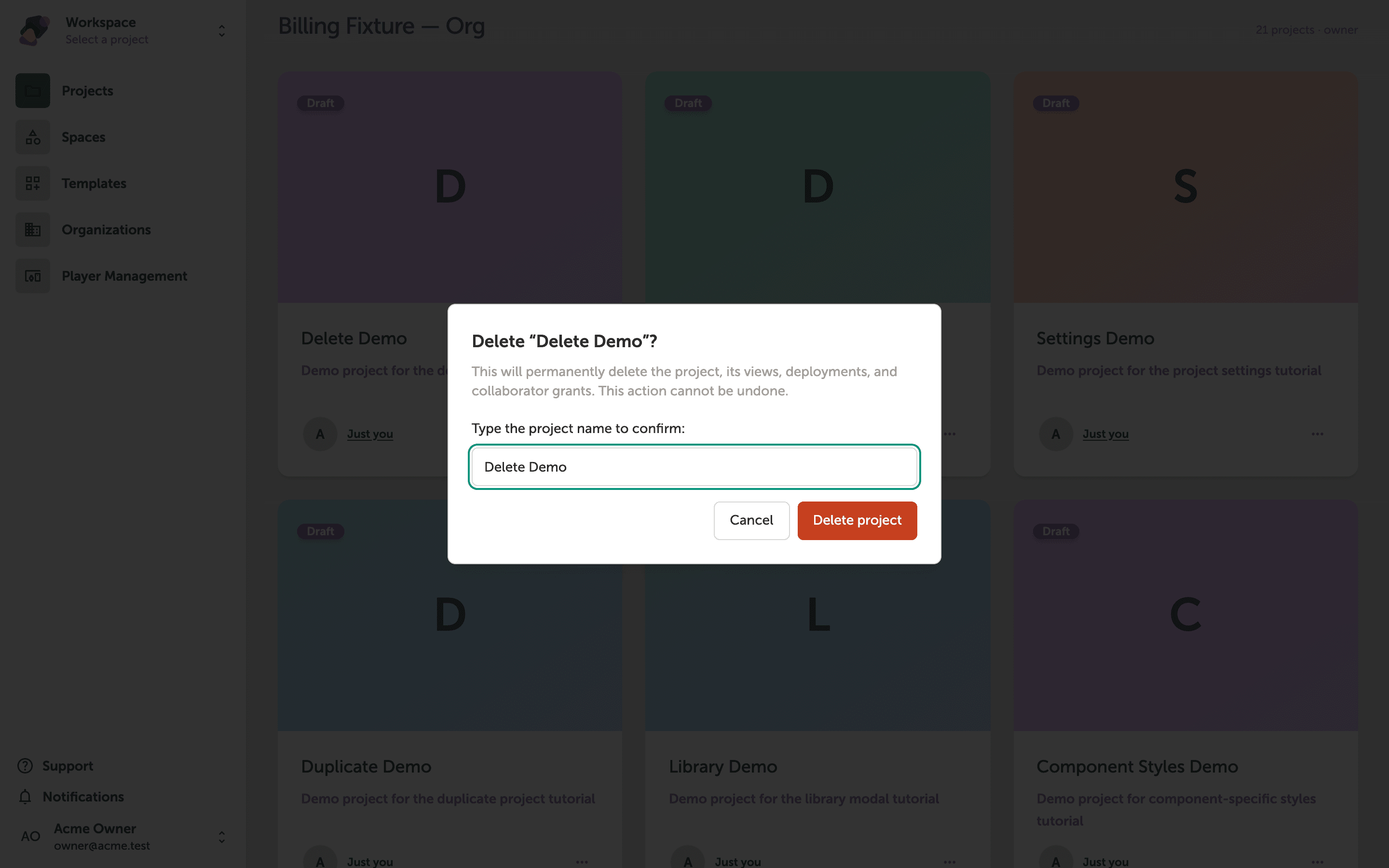 A modal dialog titled 'Delete "Delete Demo"?' with a text field containing the text 'Delete Demo' and two buttons: Cancel and Delete project.