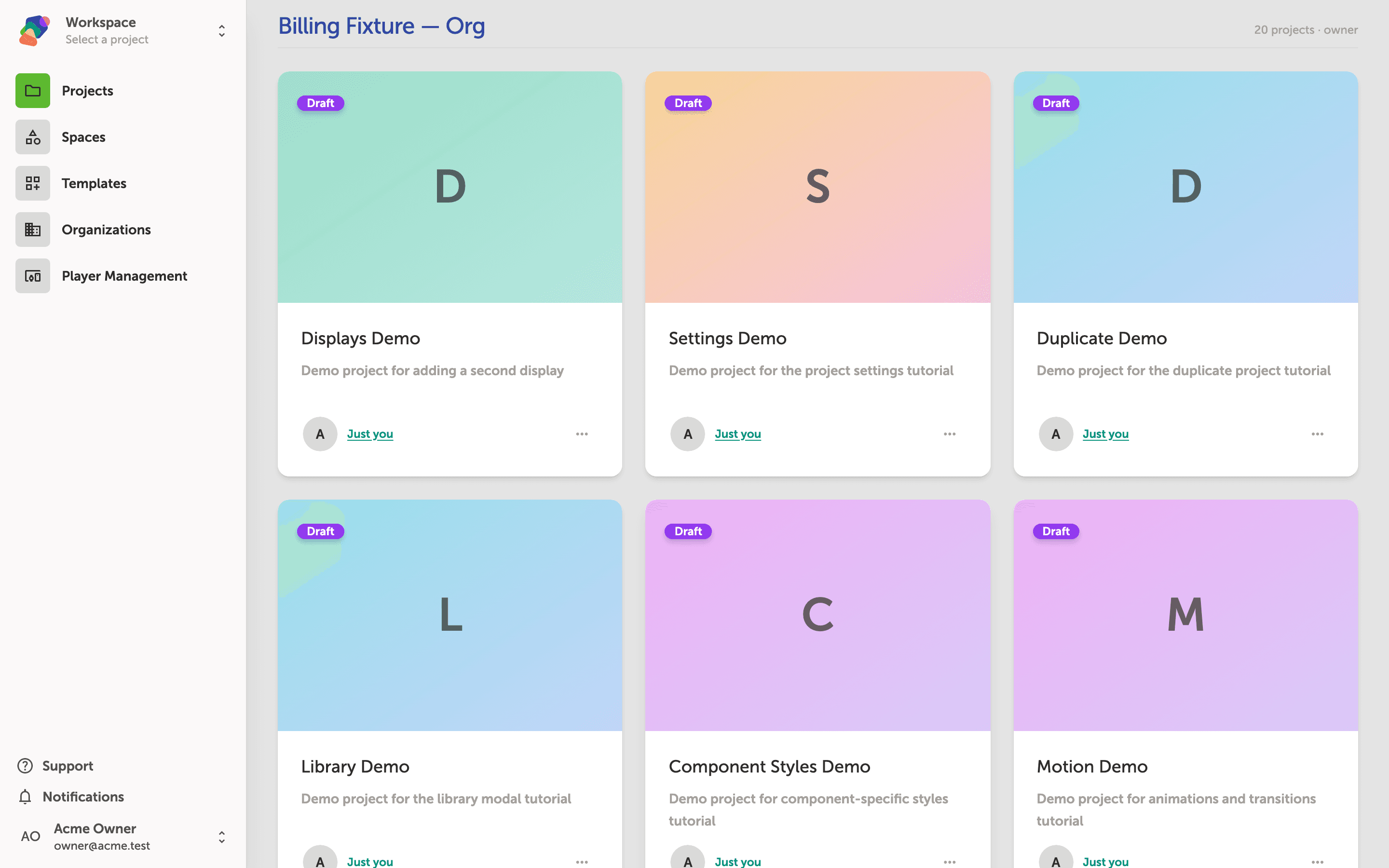 The My Projects dashboard showing a grid of project cards. A green confirmation banner at the bottom reads 'Deleted Delete Demo'. The Delete Demo card is no longer visible in the grid.