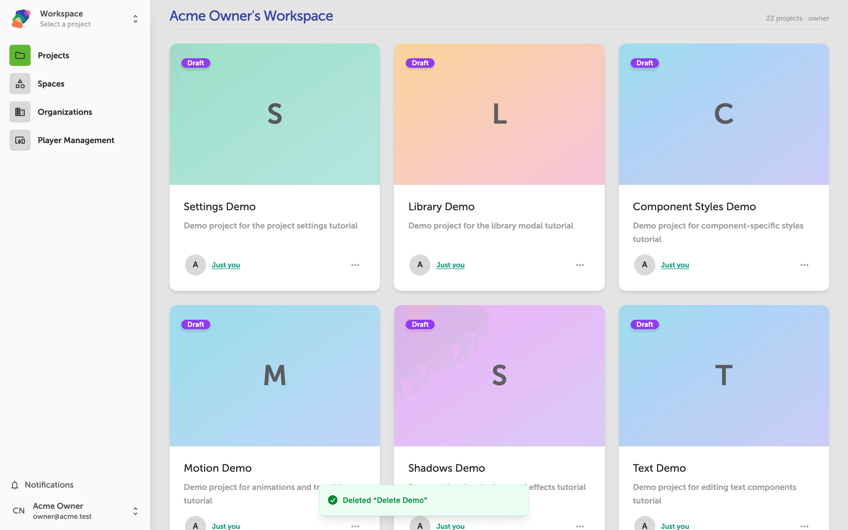 The My Projects dashboard showing a list of projects, with the previously deleted project no longer visible among the remaining entries.