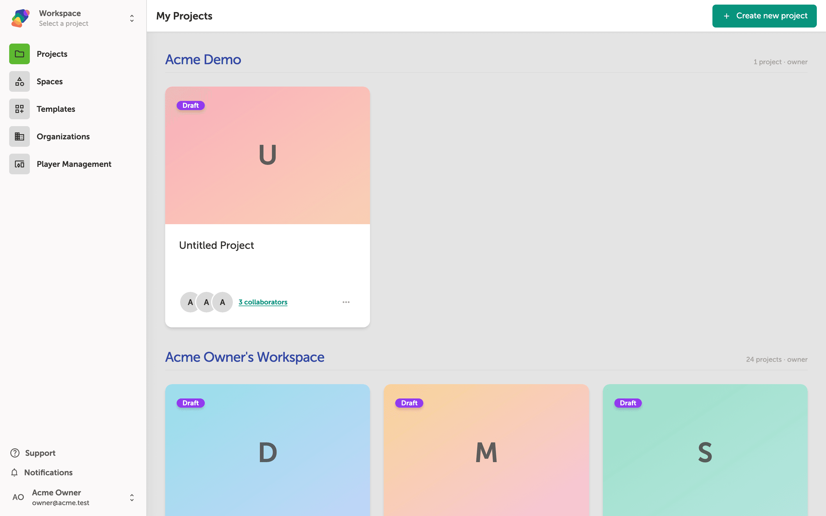 The My Projects dashboard showing project cards grouped under 'Acme Demo' and 'Acme Owner's Workspace', each card with a colored thumbnail, project name, collaborator avatars, and a three-dot actions button
