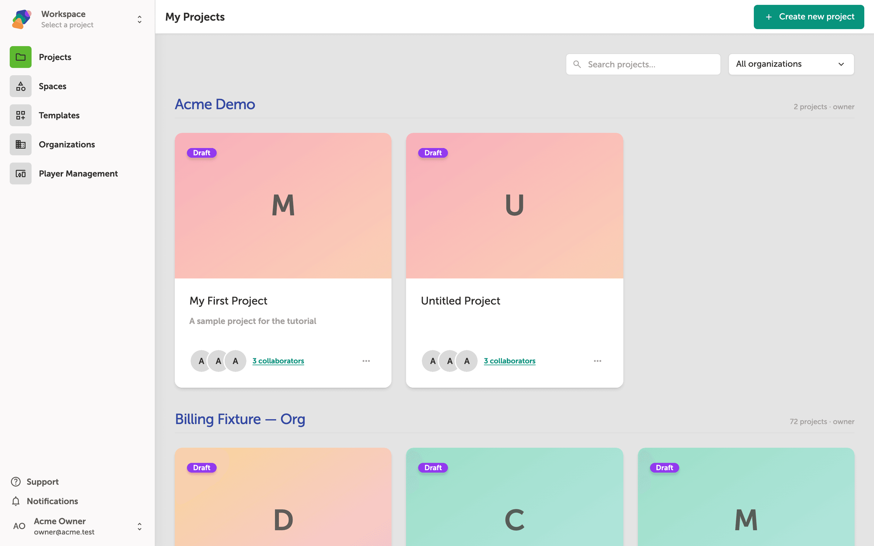 The My Projects dashboard showing project cards grouped under 'Acme Demo' and 'Acme Owner's Workspace', each card with a colored thumbnail, project name, collaborator avatars, and a three-dot actions button