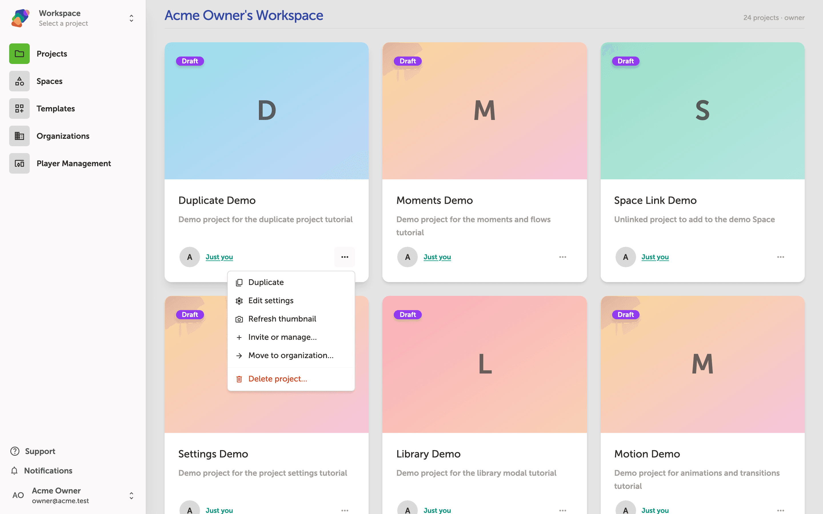 A project card action menu open over the workspace grid, showing options: Duplicate, Edit settings, Refresh thumbnail, Invite or manage, Move to organization, and Delete project