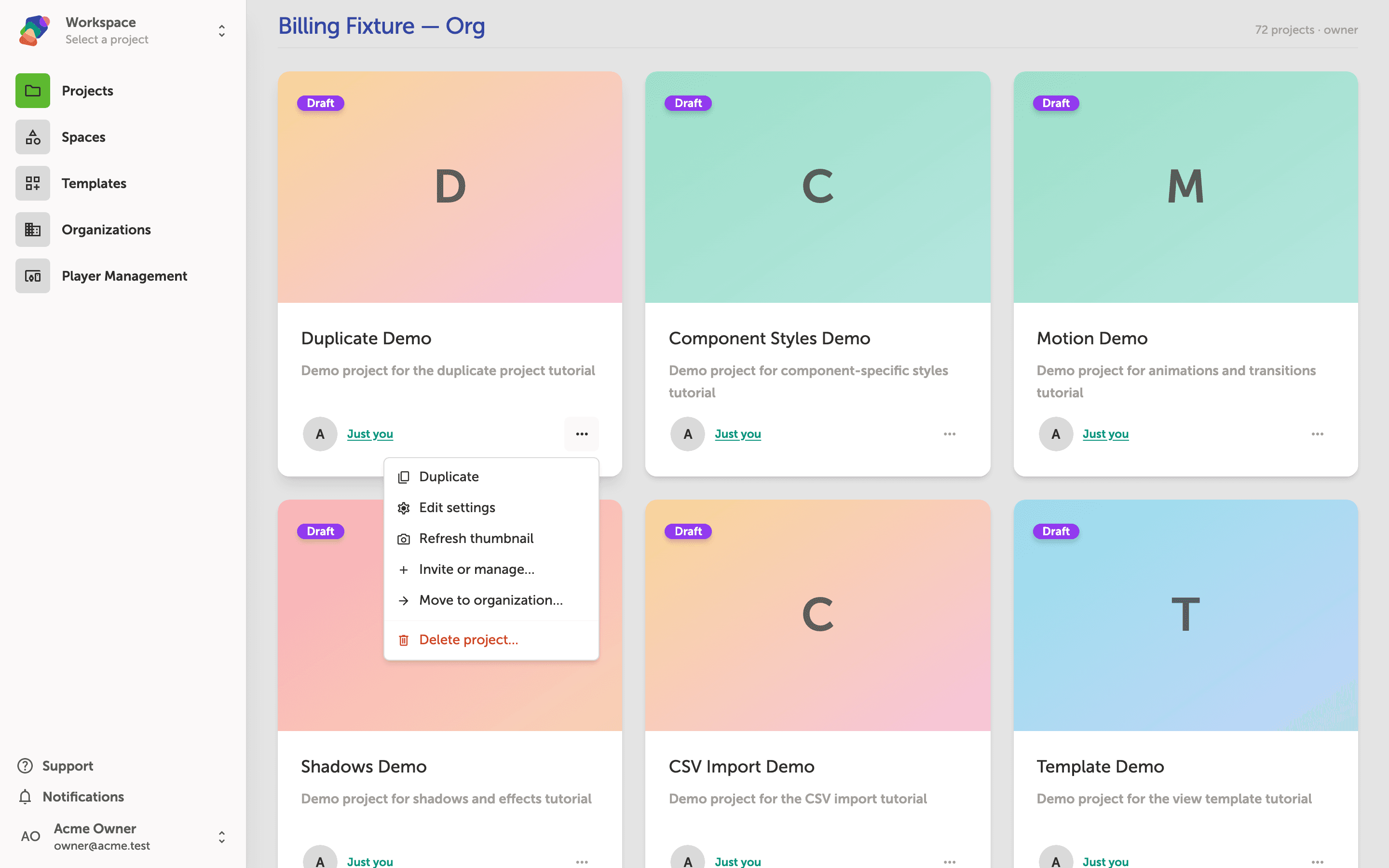 A project card action menu open over the workspace grid, showing options: Duplicate, Edit settings, Refresh thumbnail, Invite or manage, Move to organization, and Delete project