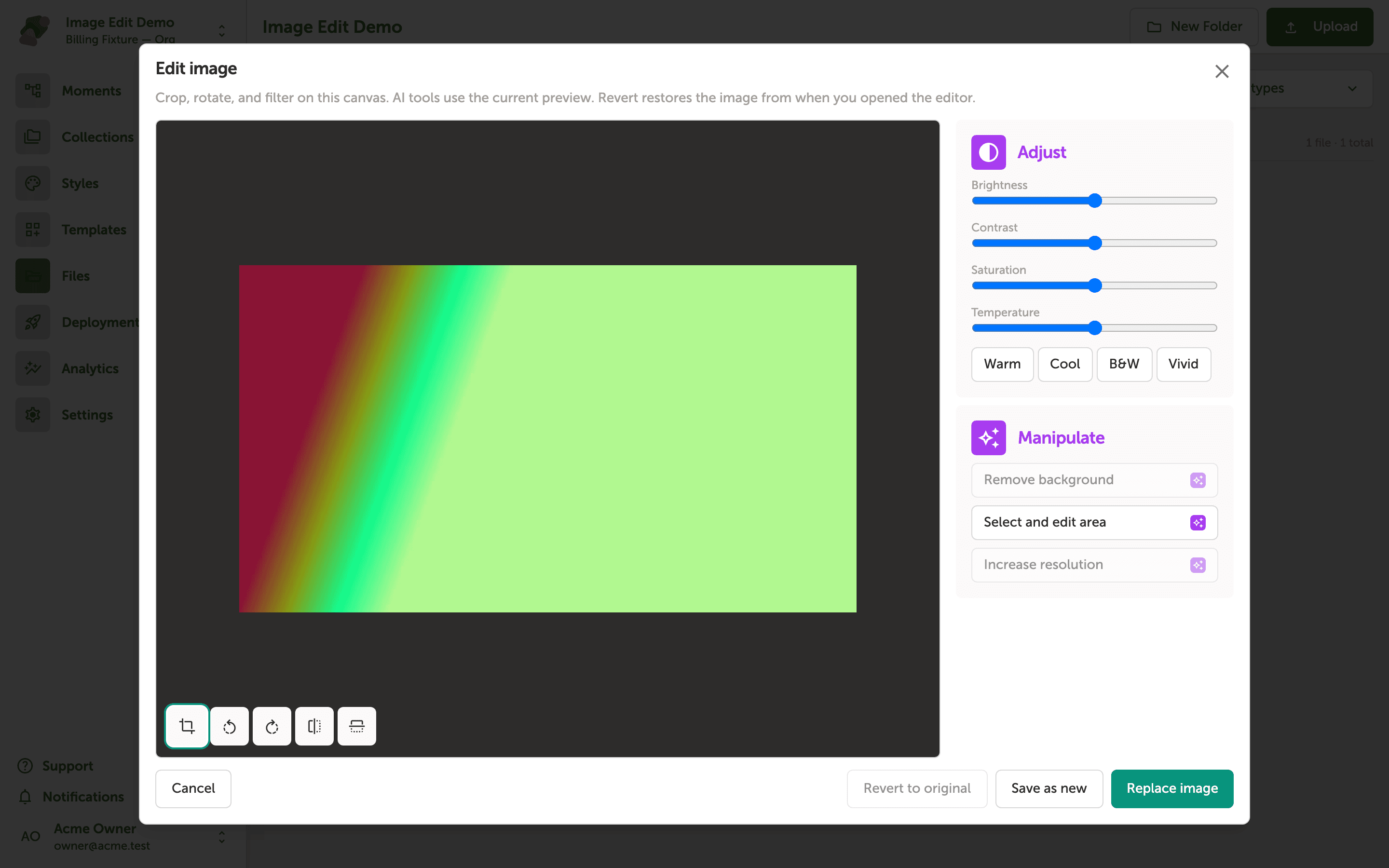 The Edit image dialog with crop, rotate, and adjust controls.