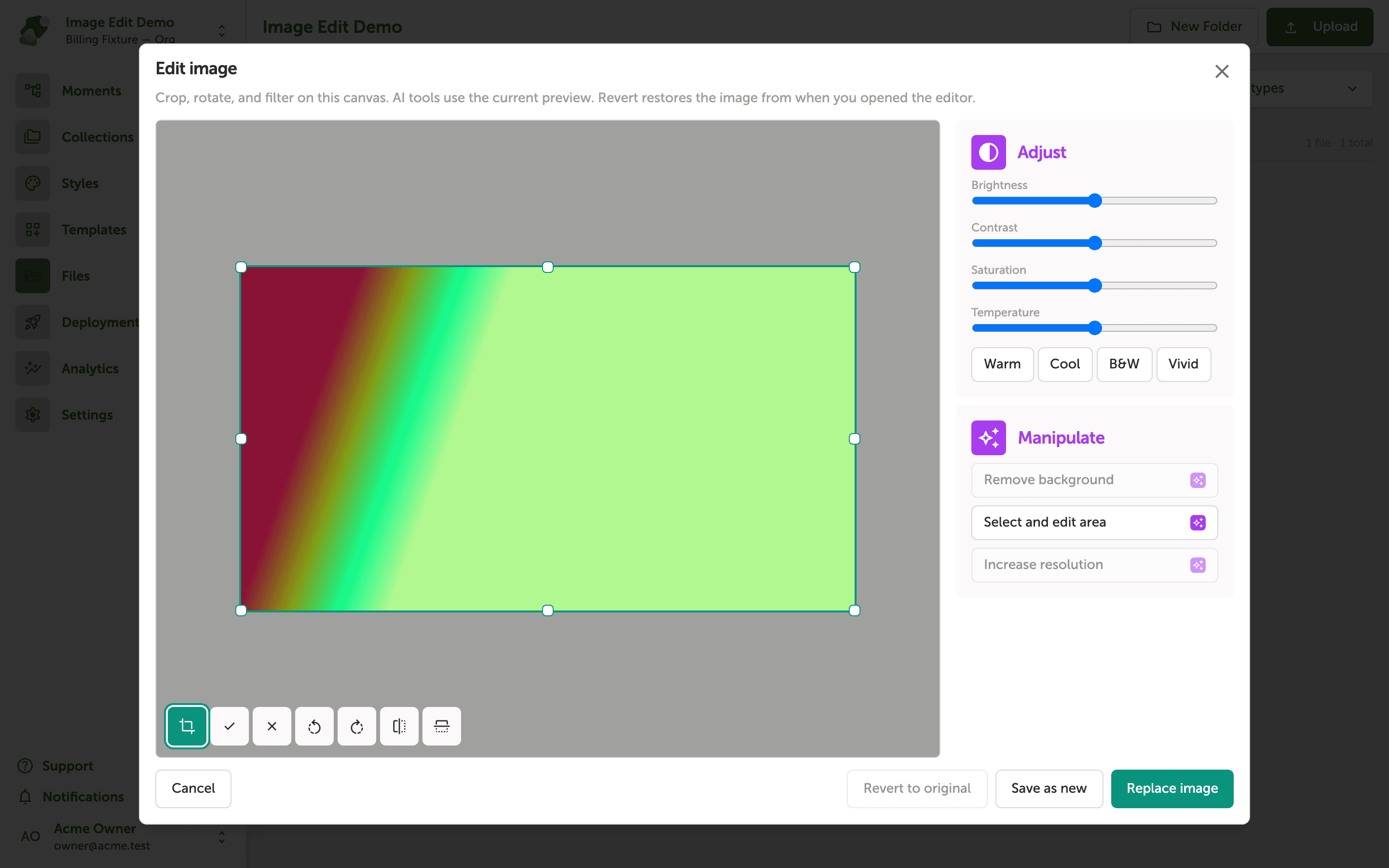 Crop mode in the image editor with apply and cancel.