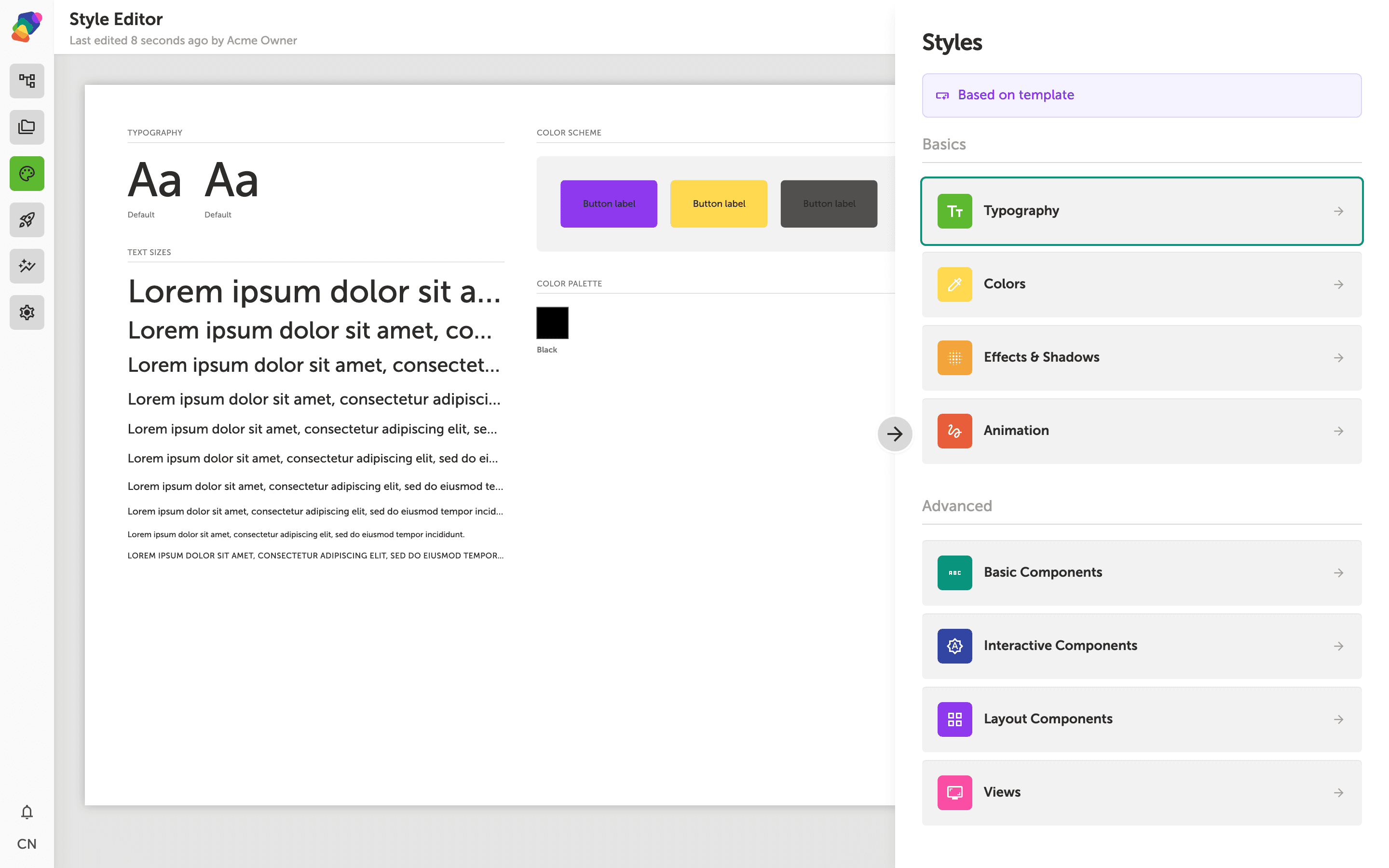 The Style Editor page scrolled to show four component bucket headings — Basic Components, Interactive Components, Layout Components, and Views Components — along with individual component sections such as Basic: Text, Basic: Image, and Interactive: Timeline listed beneath them.