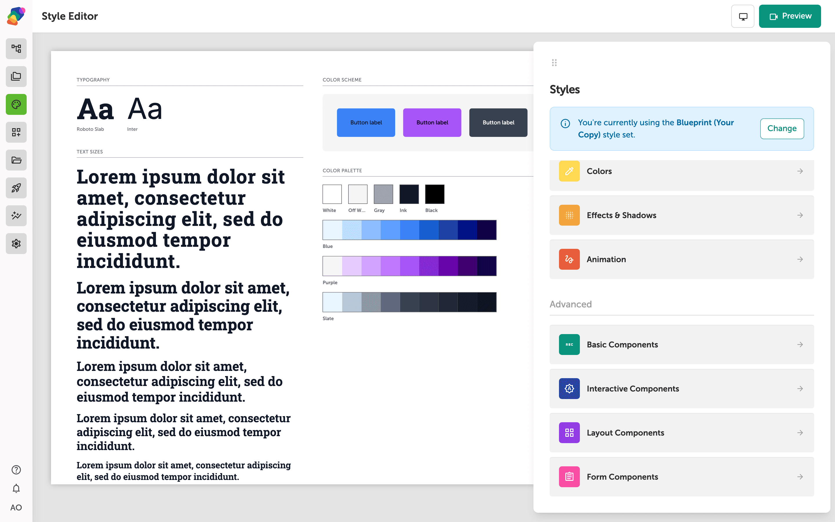 The Style Editor showing a preview canvas on the left with typography and color scheme samples, and the Styles panel on the right listing Typography, Colors, Effects & Shadows, and Animation under Basics, followed by Basic Components, Interactive Components, and Layout Components under Advanced.