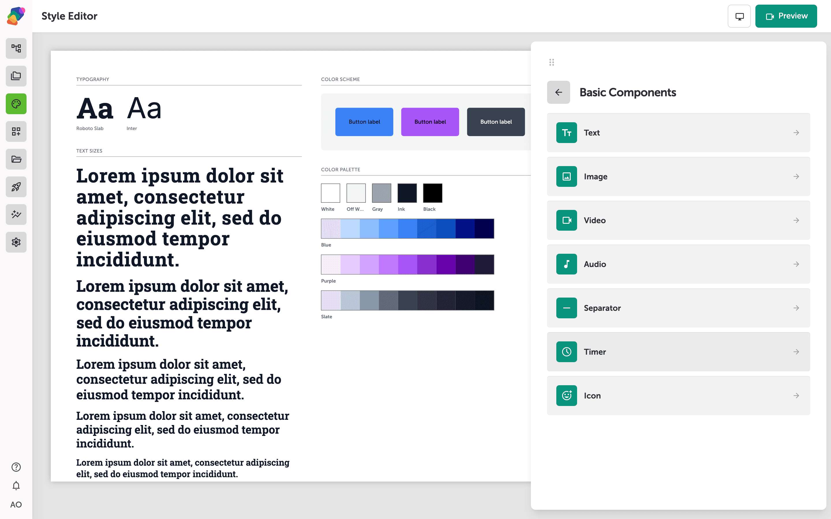 The Style Editor showing the Basic Components panel on the right, listing Text, Image, Video, Audio, Separator, and Icon as selectable rows with forward arrows. The center canvas previews typography scales and color scheme buttons.