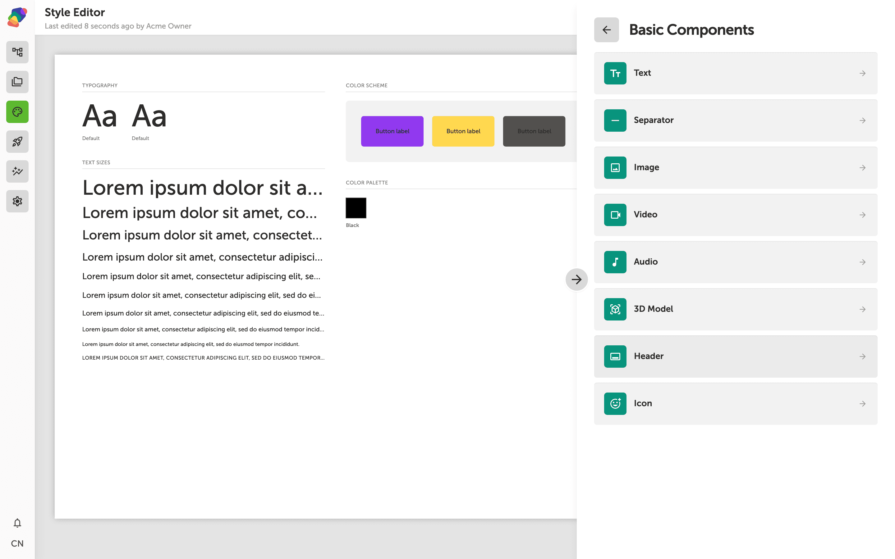 The Style Editor panel showing the Basic Components section expanded, with a list of component types including Text, Separator, Image, Video, Audio, 3D Model, Header, and Icon, each available for individual style customization.