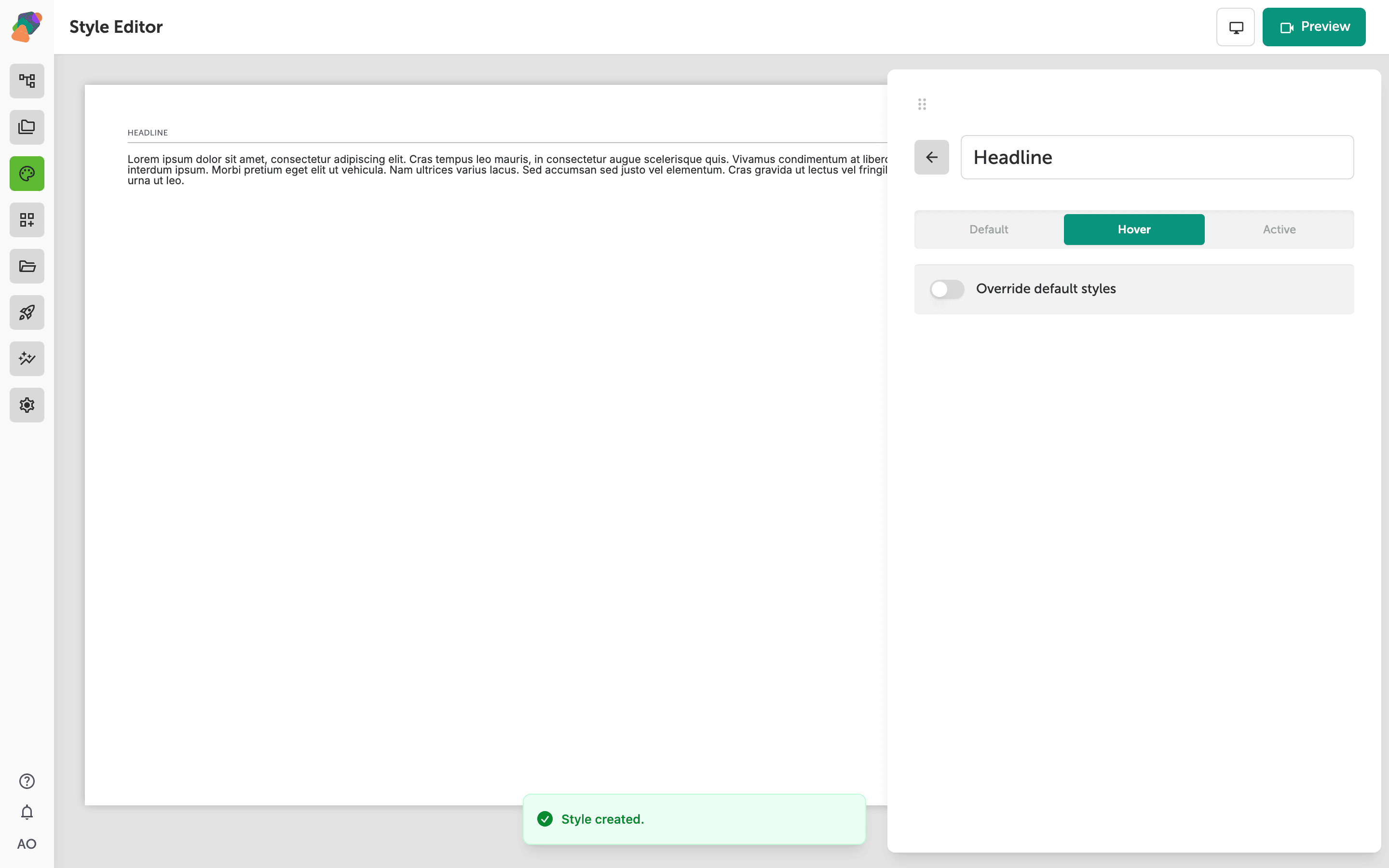 Style Editor screen showing the Hover tab selected for a text style named New Text Style, with an Override default styles toggle in the off position and a green success banner reading Style successfully created.