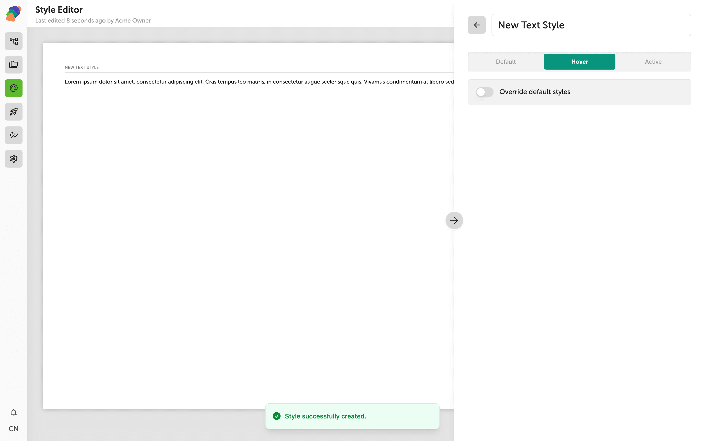 The Style Editor panel open to the Hover state tab, showing color, typography, and effects options for a selected component's hover appearance.