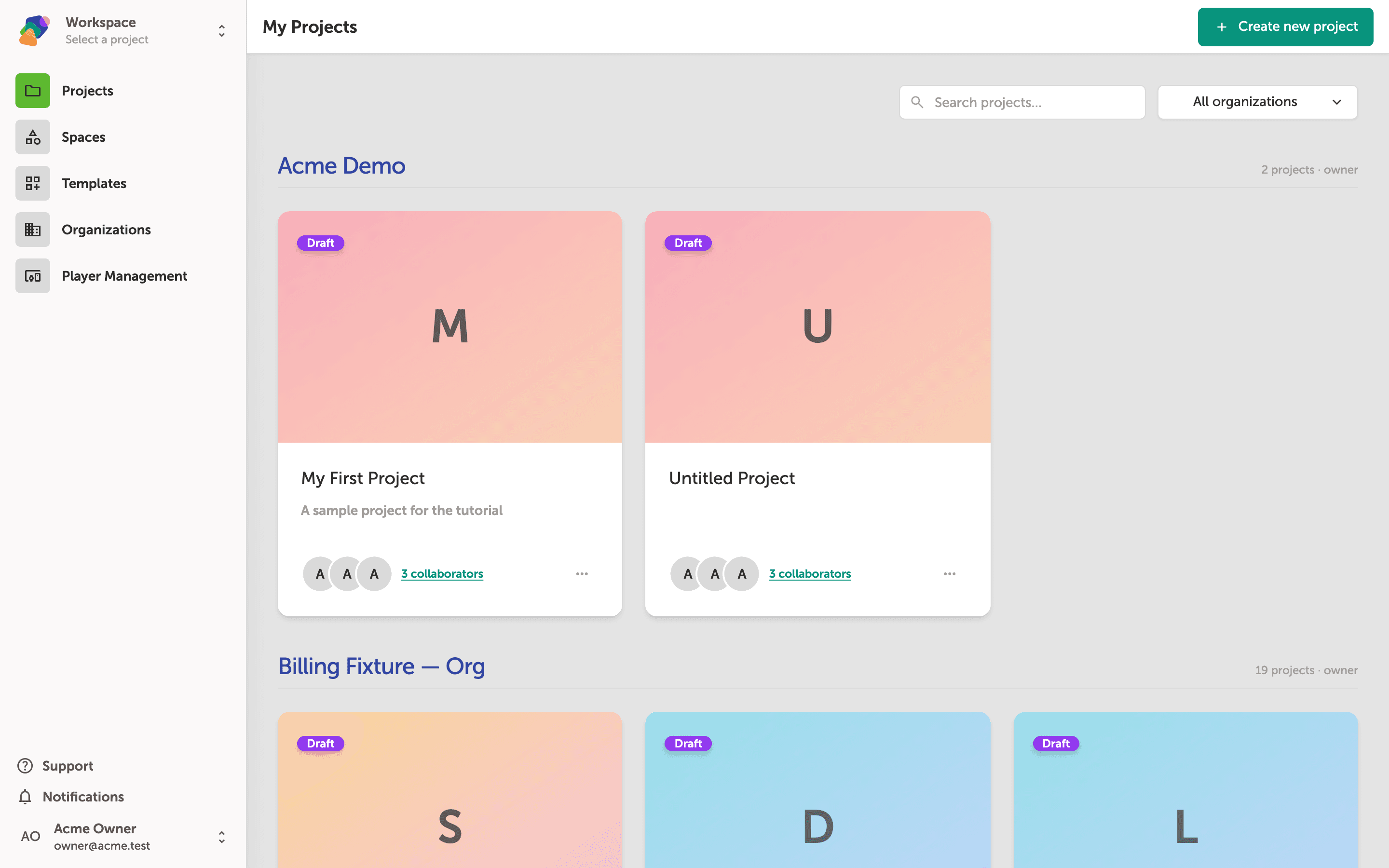 The My Projects dashboard showing two spaces—Acme Demo and Acme Owner's Workspace—with project cards displaying draft status badges and collaborator avatars. A three-dot menu button appears on the Untitled Project card.