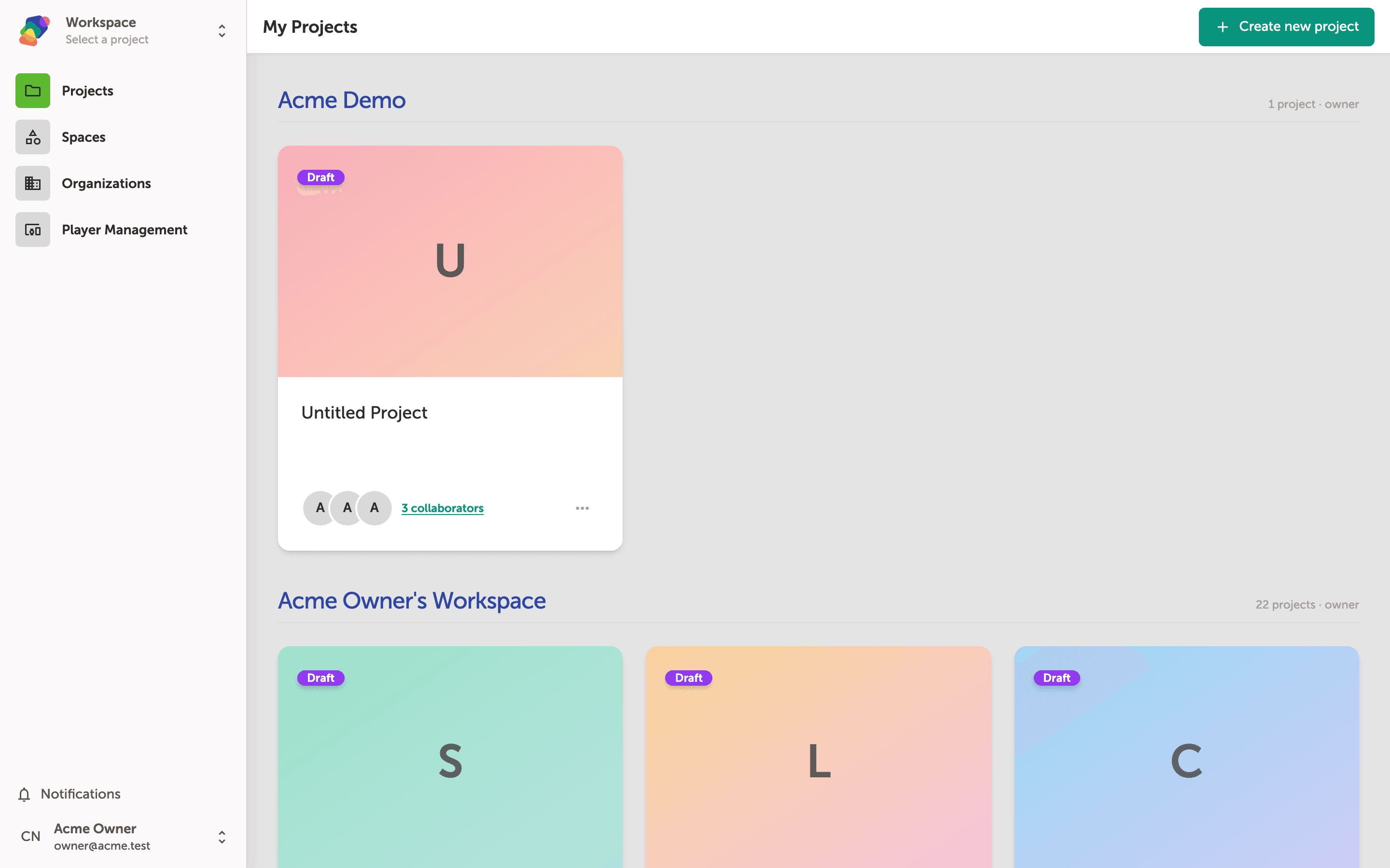 The My Projects dashboard showing a grid of project cards, each with a title and an actions menu button in the corner