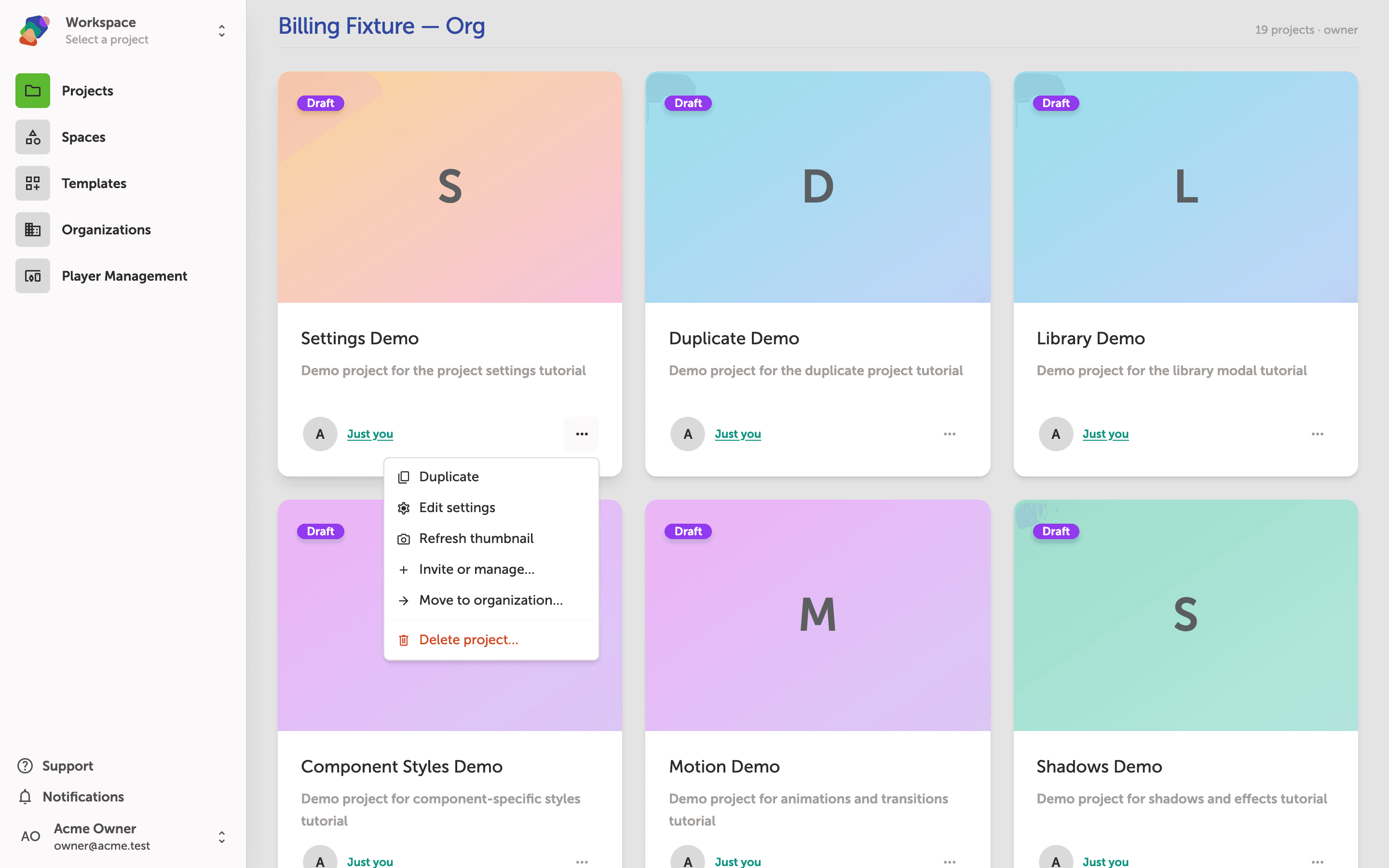 A project card actions menu is open over the Settings Demo card, showing options: Duplicate, Edit settings, Refresh thumbnail, Invite or manage, Move to organization, and Delete project